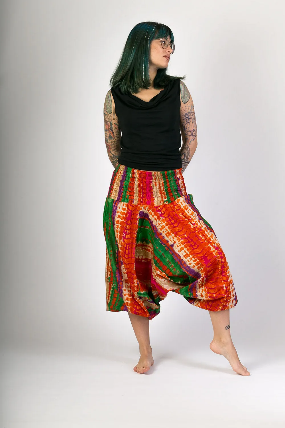 Red Green Print Cotton Harem Yoga Jumpsuit Pants