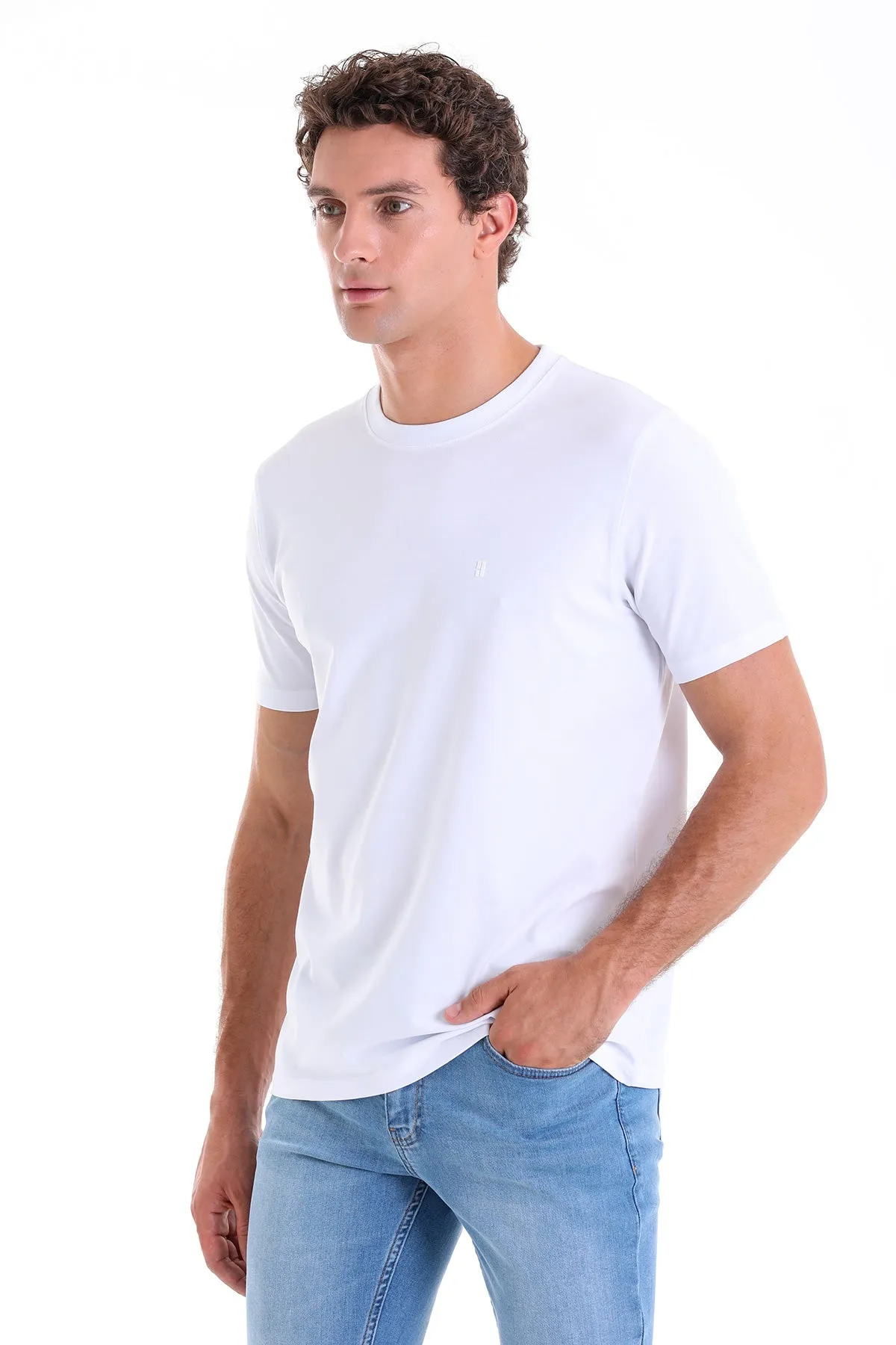 Regular Fit Cotton Blend White Crewneck T-Shirt