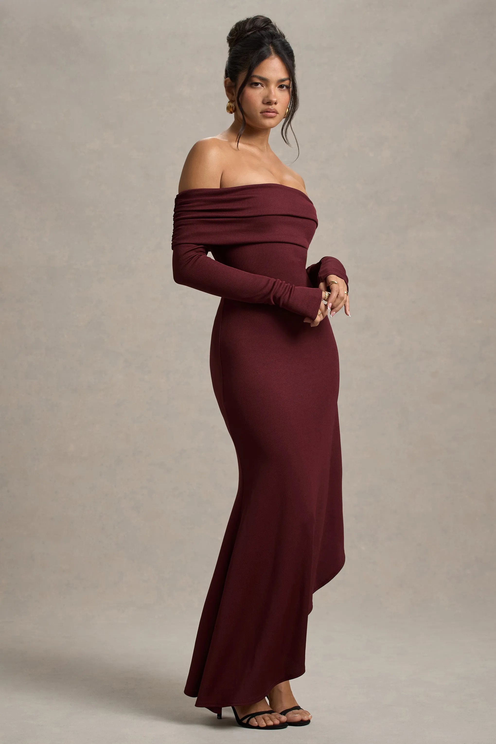 Romina | Port Rib Knit Bardot Maxi Dress With Asymmetric Hem