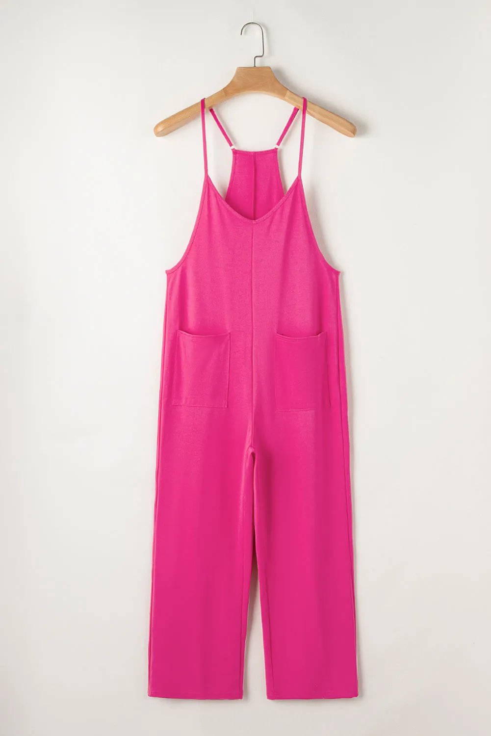 Rose Red Black Pocketed Adjustable Spaghetti Strap Straight Leg Jumpsuit