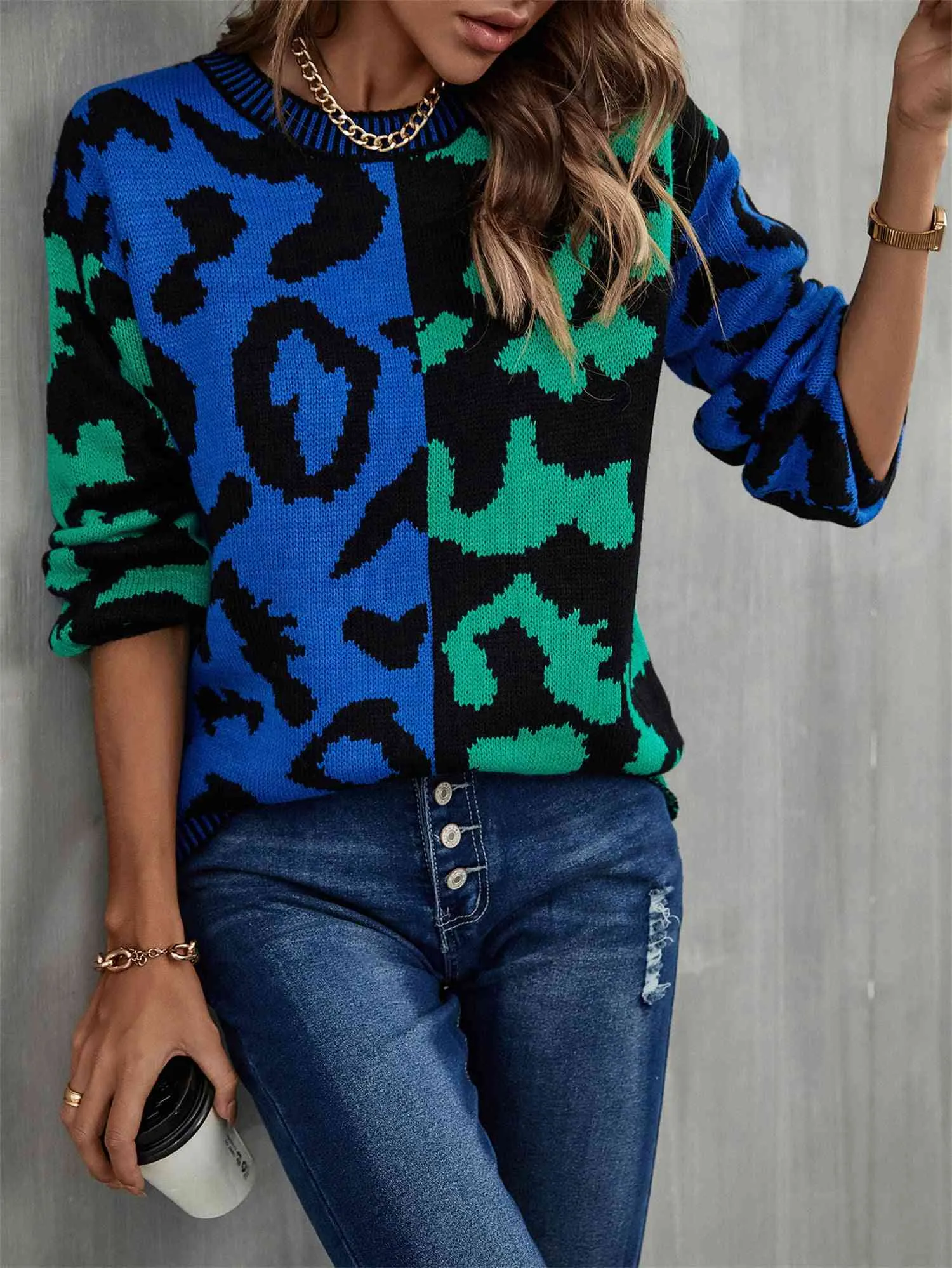 Round Neck Contrast Color Dropped Shoulder Sweater