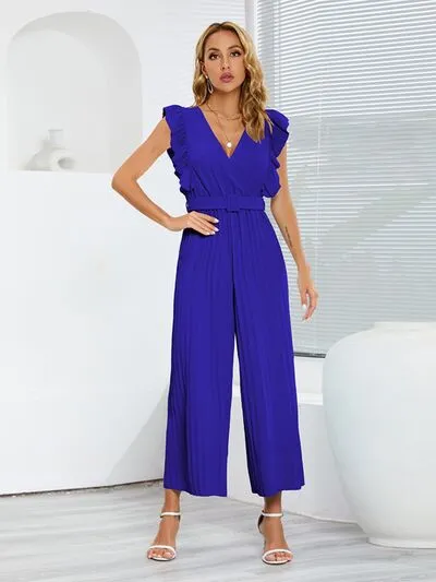 Ruffled Surplice Cap Sleeve Jumpsuit