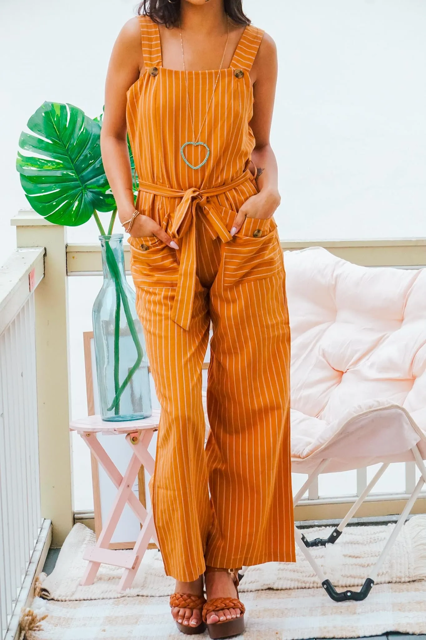 Seaside Stroll Striped Jumpsuit - Rust