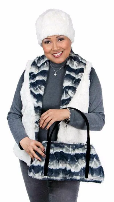 Shawl Collar Vest, Reversible less pockets - Luxury Faux Fur in Ocean Mist with Cuddly Fur in Ivory