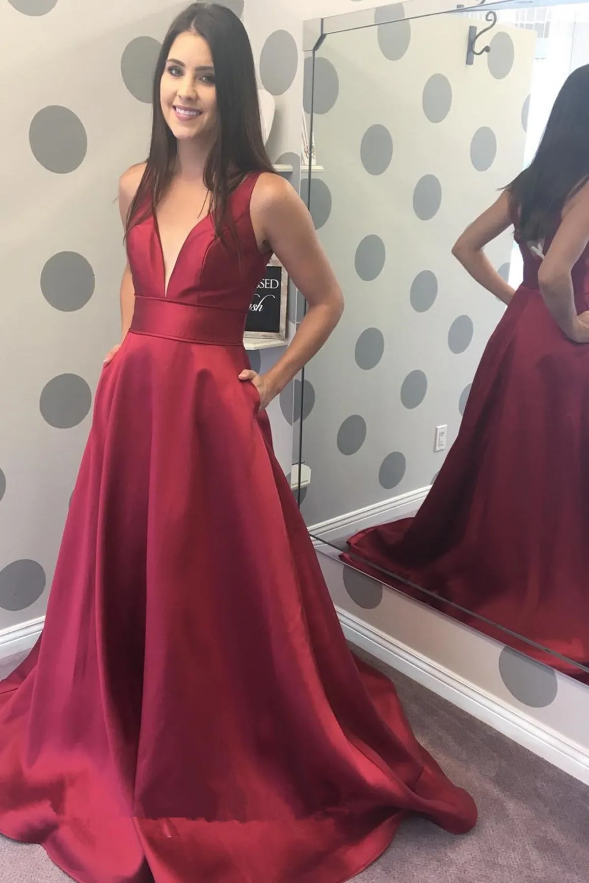 Simple V Neck Burgundy Satin Long Prom Dress with Pocket, V Neck Burgundy Formal Graduation Evening Dress A1389