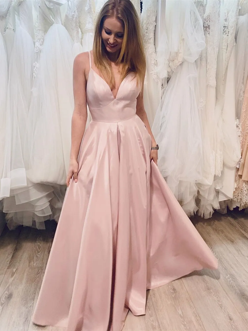 Simple V Neck Pink Satin Long Prom, V Neck Pink Formal Graduation Evening, Pink Party