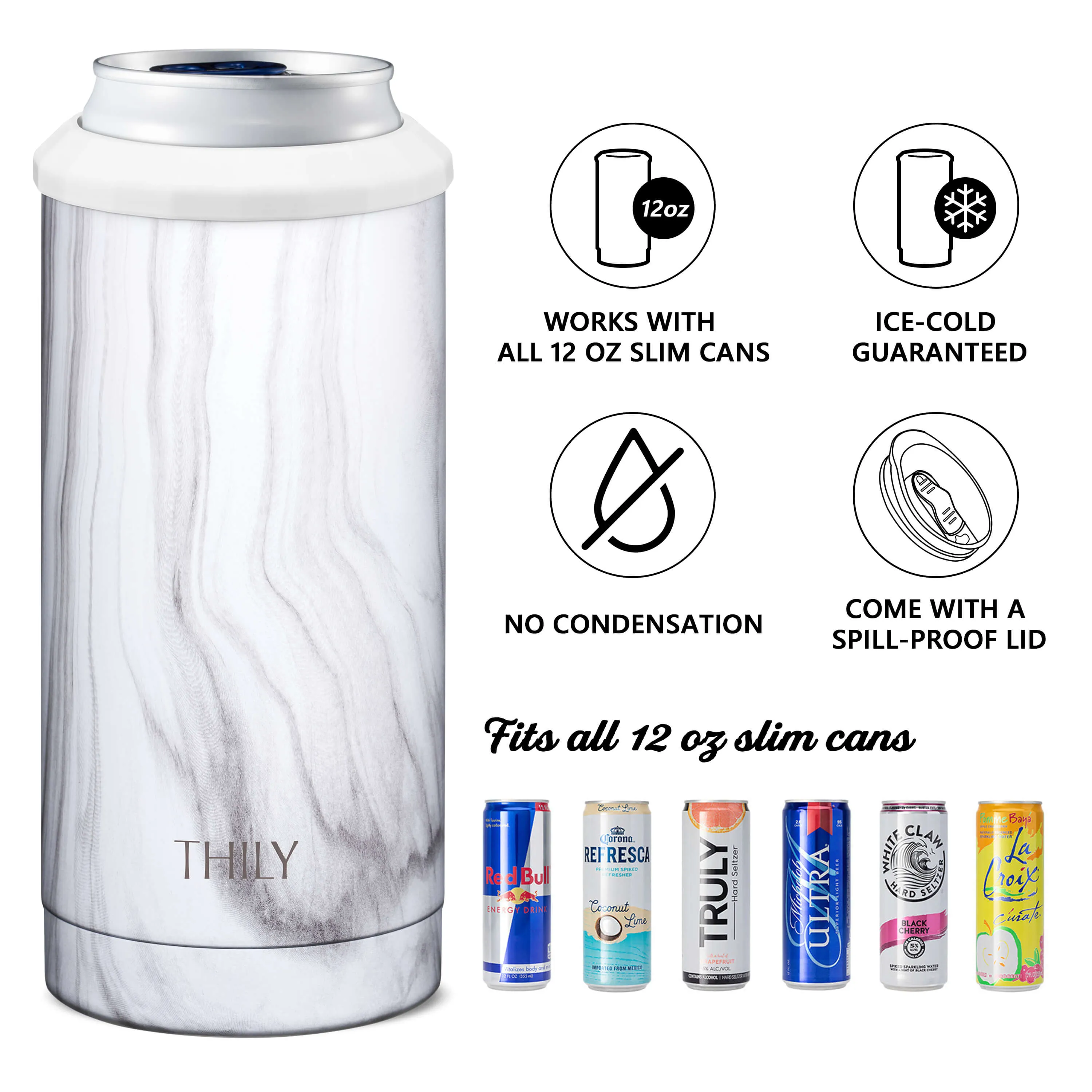 Skinny Can Cooler for Slim Beer & Hard Seltzer - 2 Pack(Black Marble   White Marble)