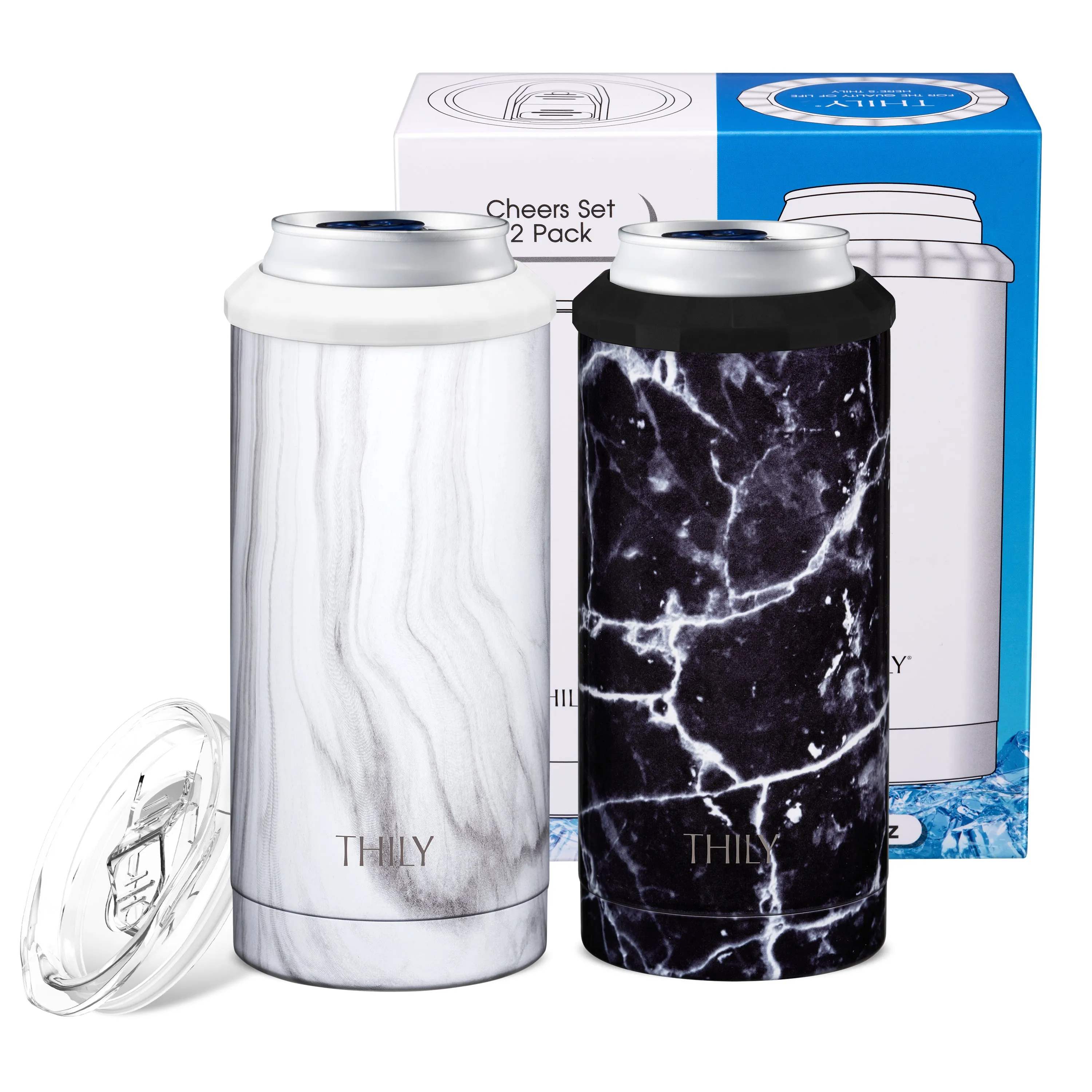 Skinny Can Cooler for Slim Beer & Hard Seltzer - 2 Pack(Black Marble   White Marble)