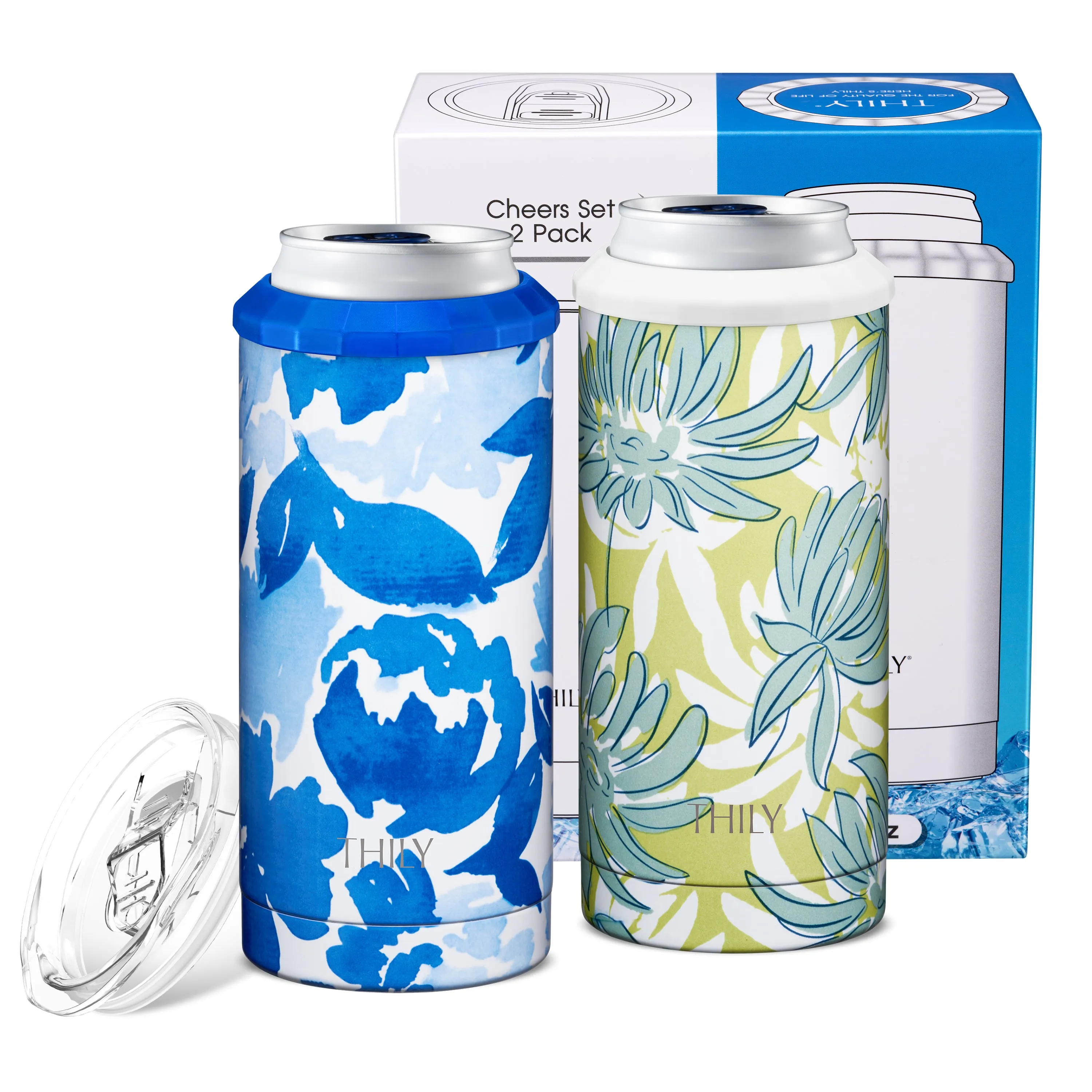 Skinny Can Cooler for Slim Beer & Hard Seltzer - 2 Pack(Blue Maple   Chrysanthemum)