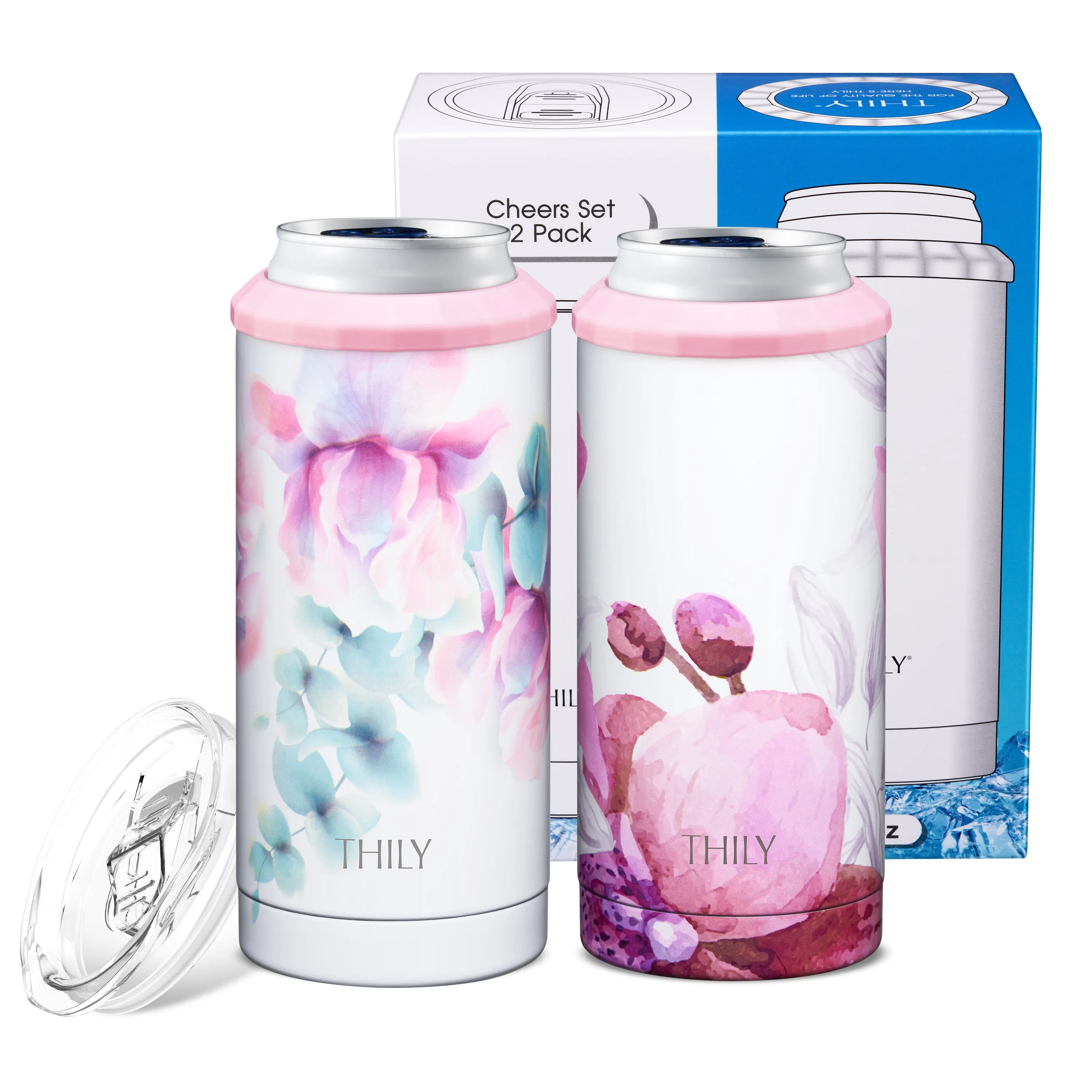 Skinny Can Cooler for Slim Beer & Hard Seltzer - 2 Pack(Pink Lilies   Lotus Flower)