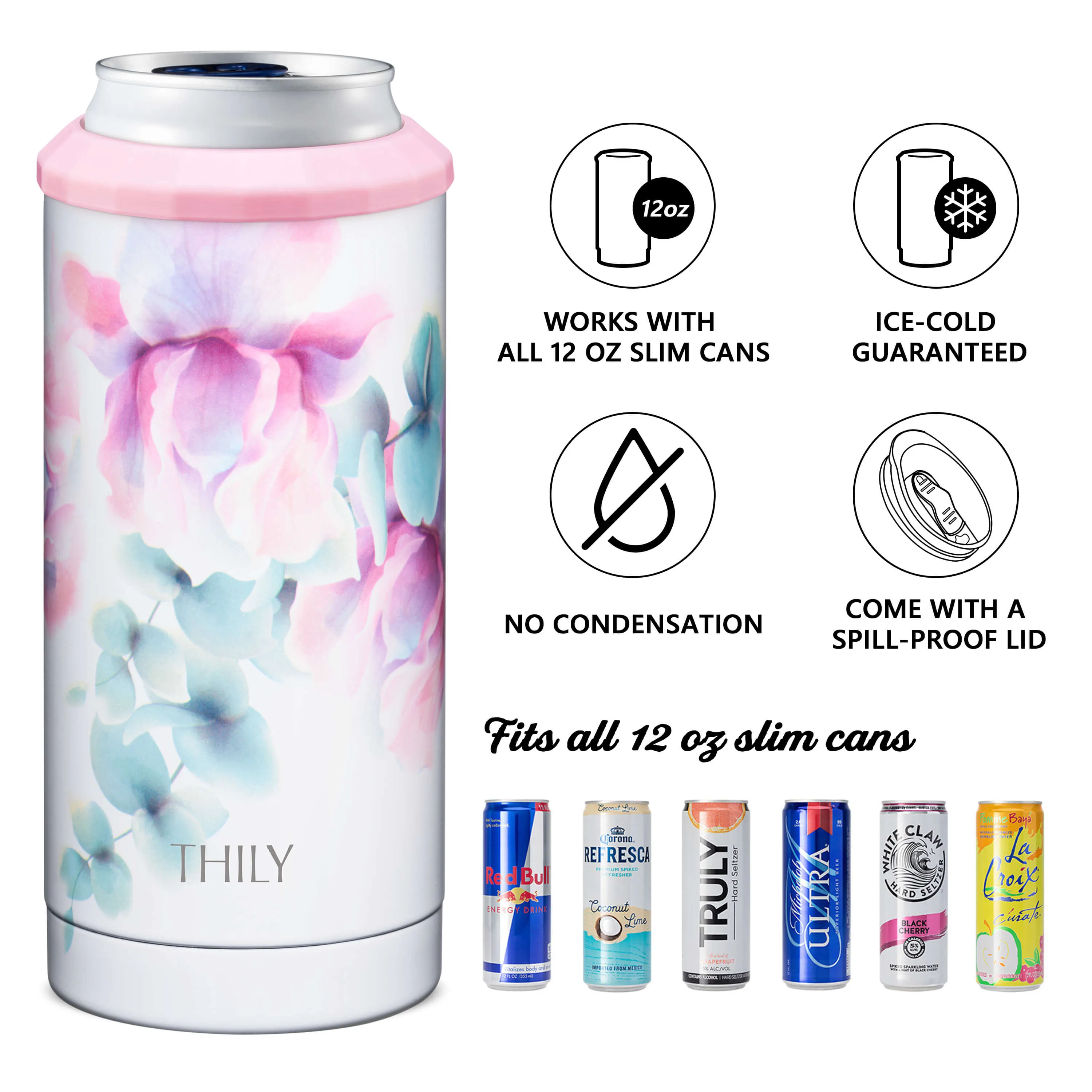 Skinny Can Cooler for Slim Beer & Hard Seltzer - 2 Pack(Pink Lilies   Lotus Flower)