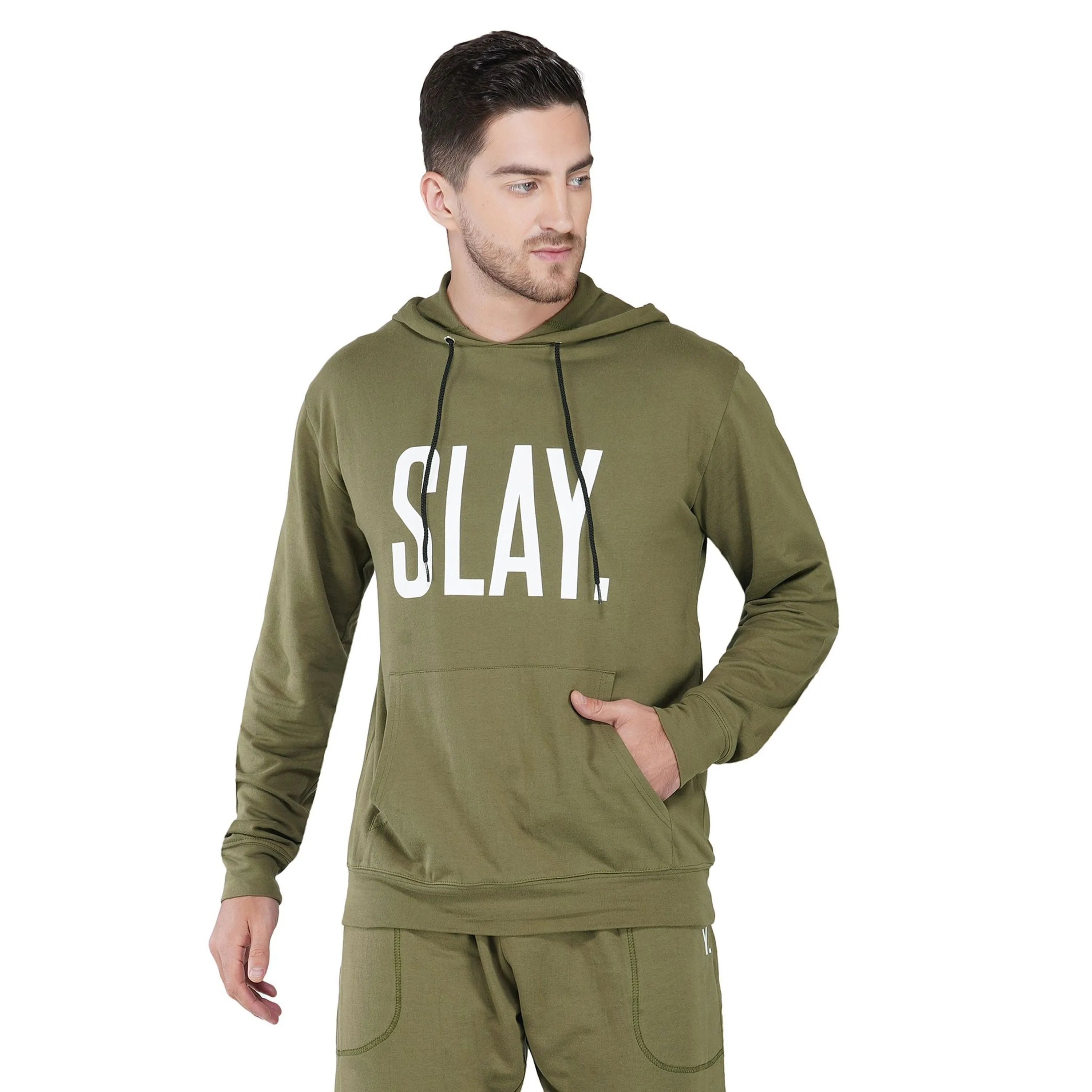 SLAY. Men's Printed Olive Green Hoodie with Kangaroo Pocket