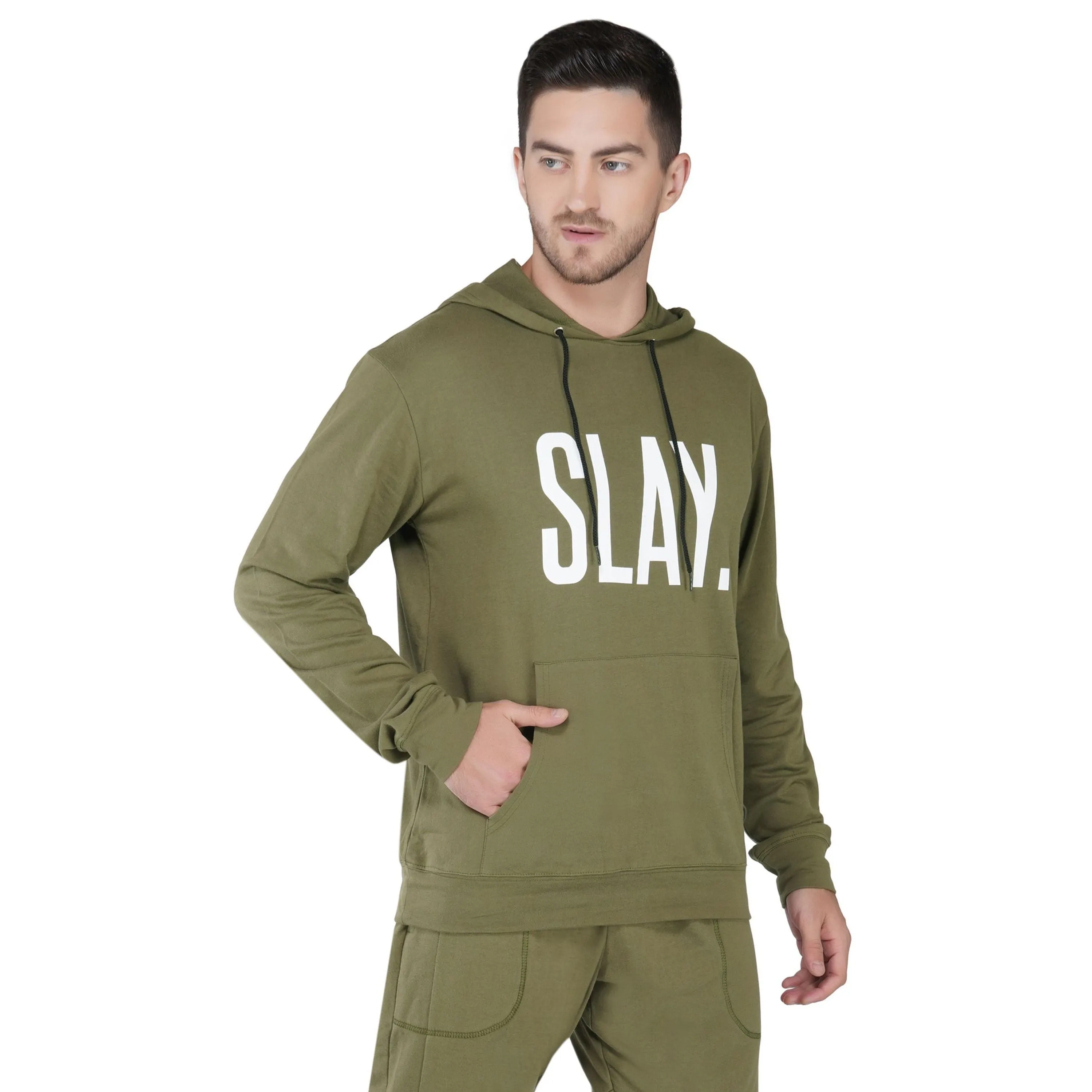 SLAY. Men's Printed Olive Green Hoodie with Kangaroo Pocket