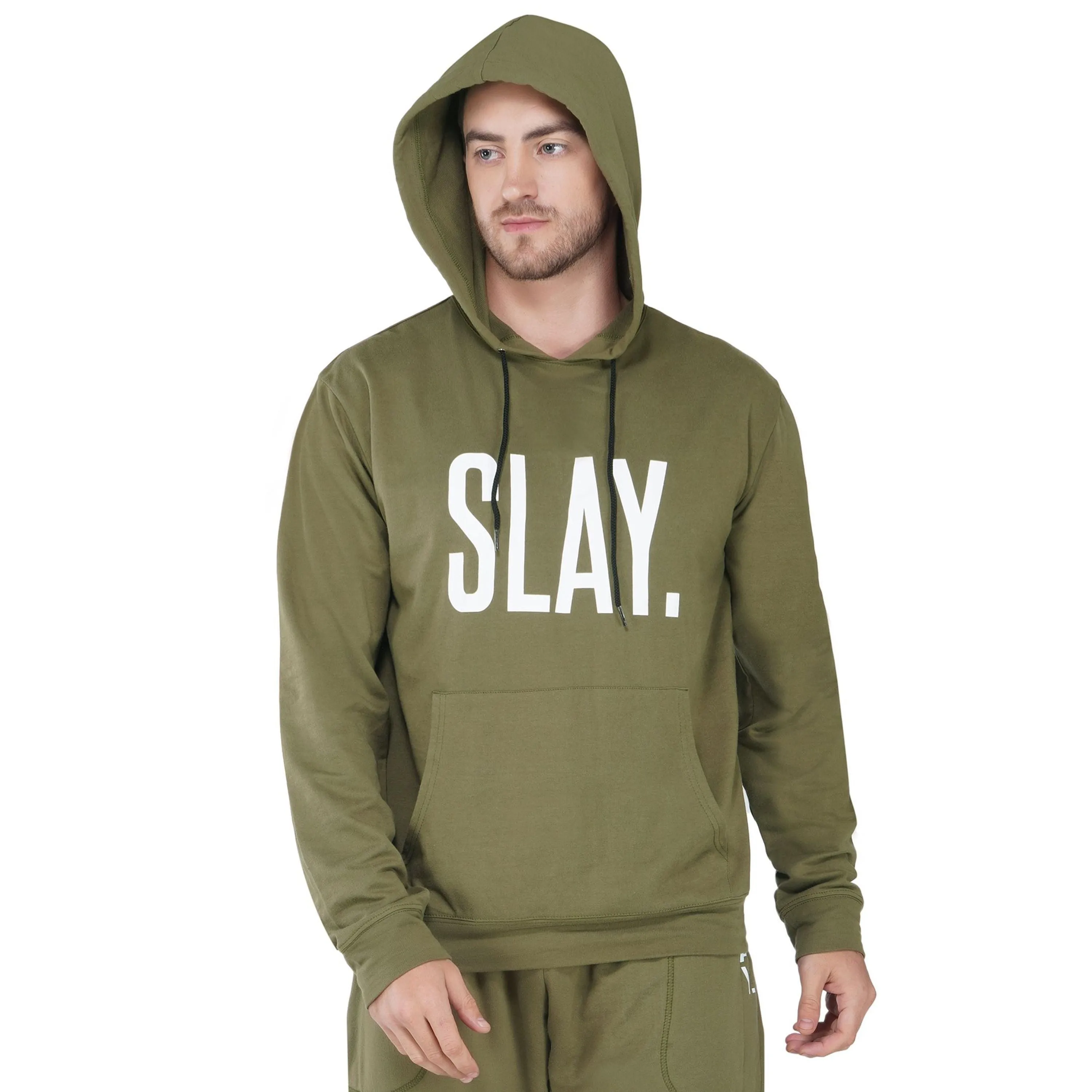 SLAY. Men's Printed Olive Green Hoodie with Kangaroo Pocket