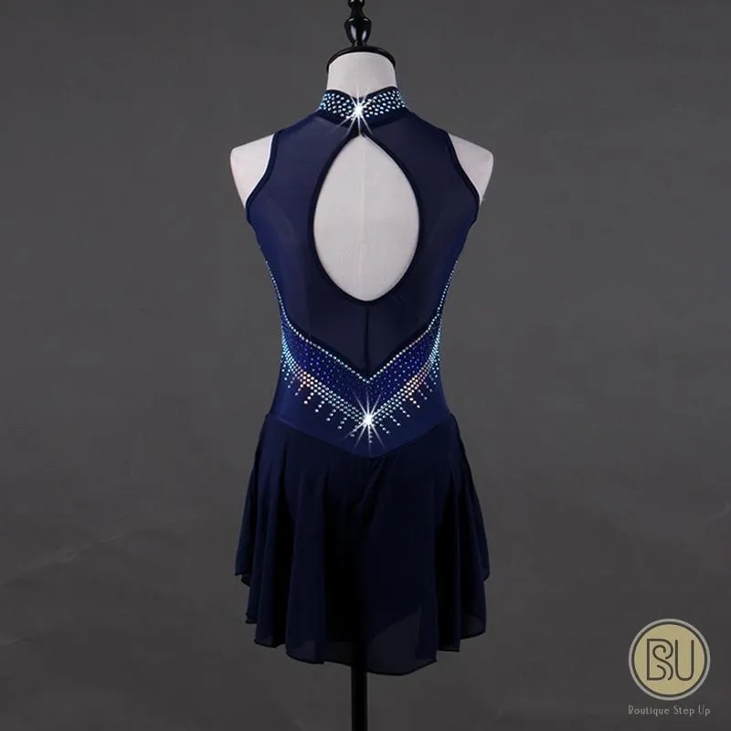 Sleeveless Navy Blue Crystalized Figure Skating Dress