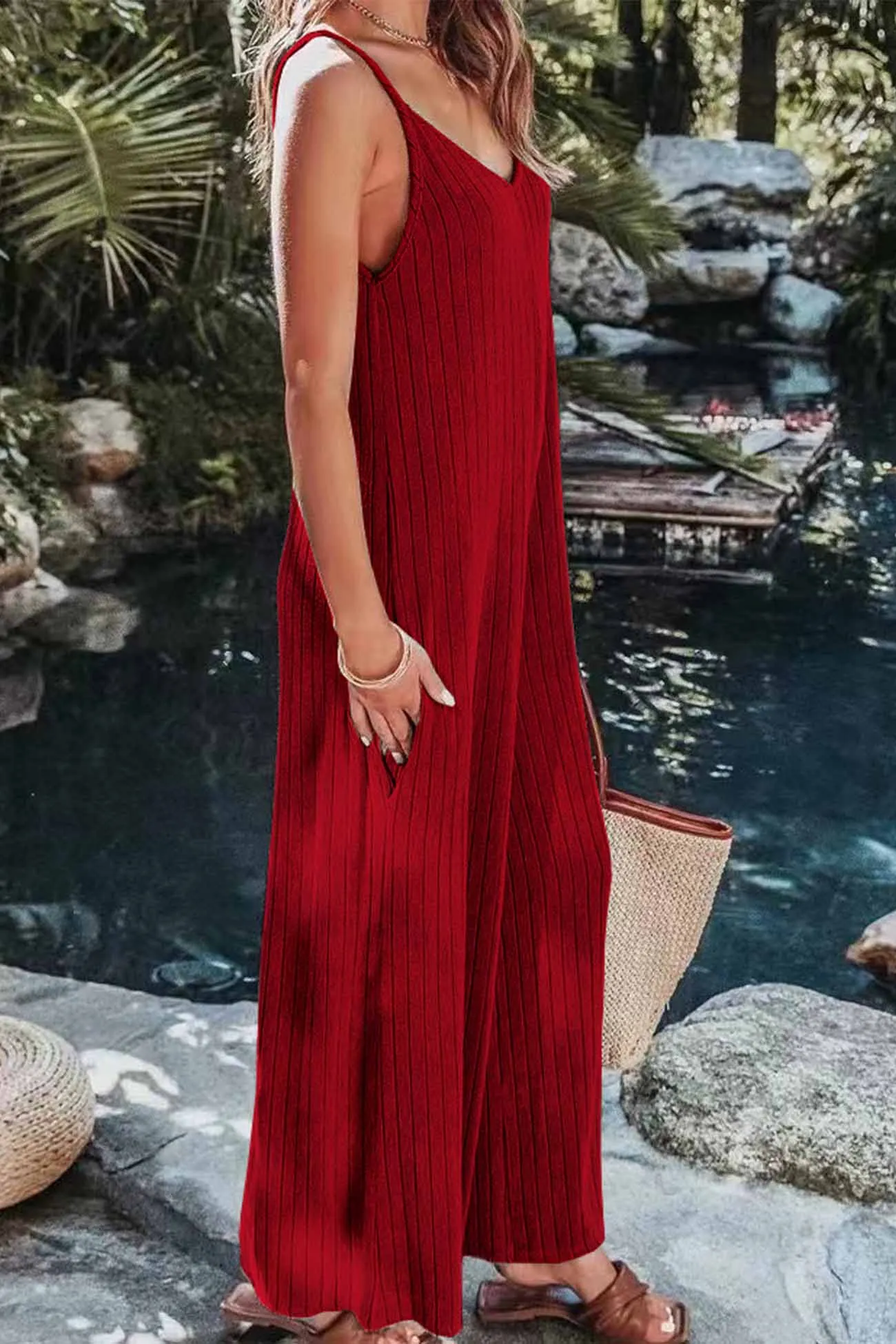 Solid Color Ribbed Sleeveless Wide Leg Jumpsuit