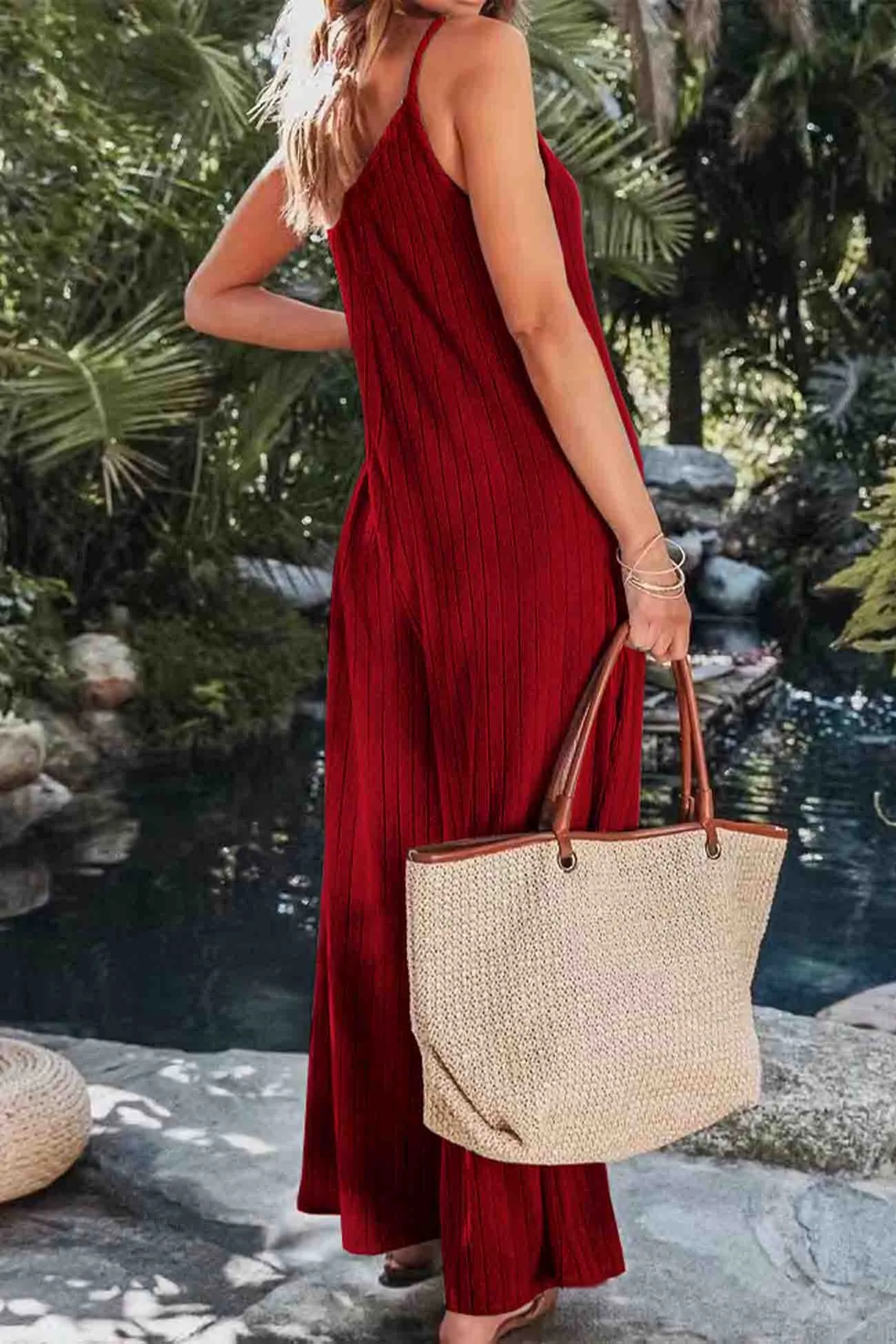 Solid Color Ribbed Sleeveless Wide Leg Jumpsuit