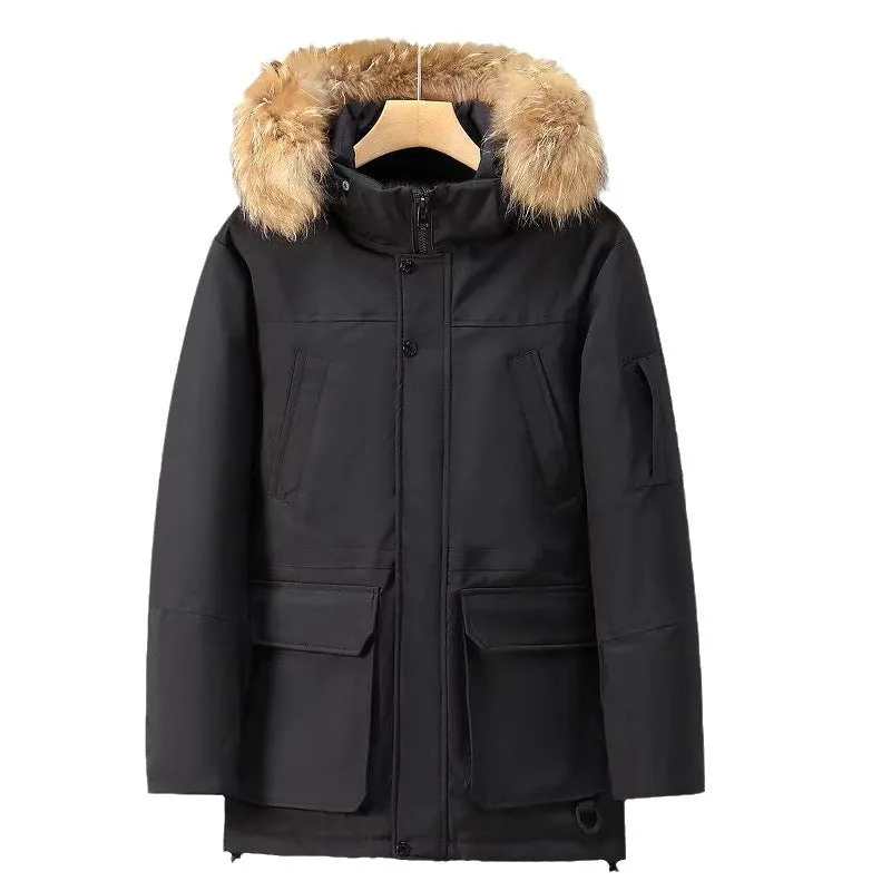 Solid Color Thickened Male Parka Jacket with/without Racoon Fur Collar (3 colors)