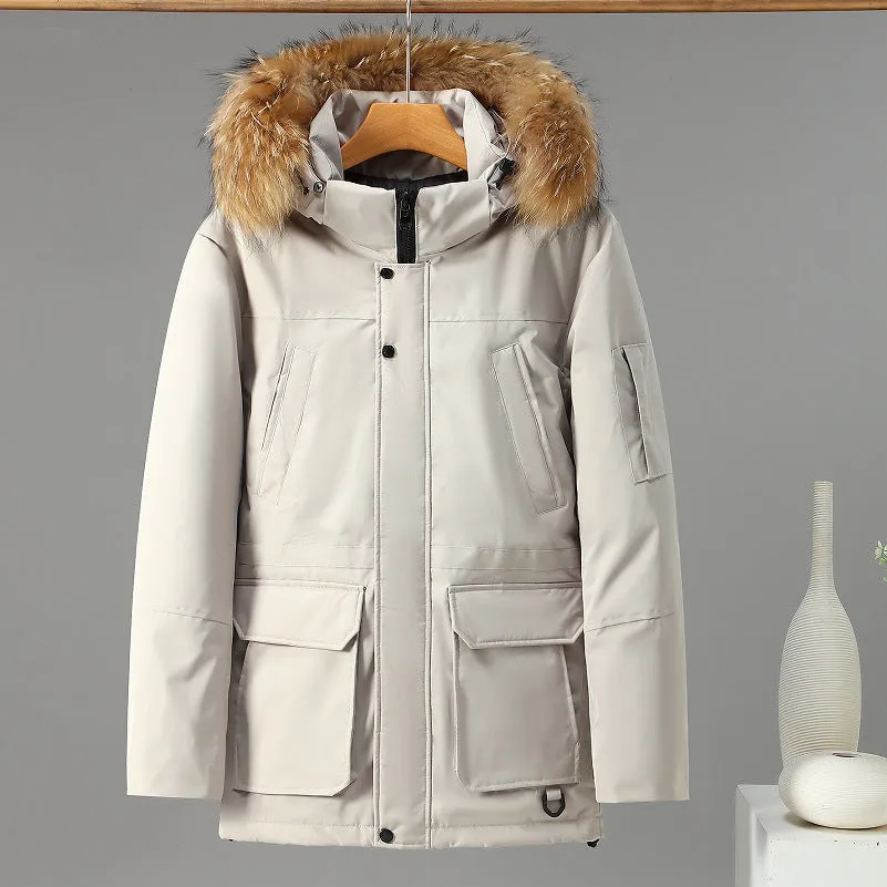 Solid Color Thickened Male Parka Jacket with/without Racoon Fur Collar (3 colors)