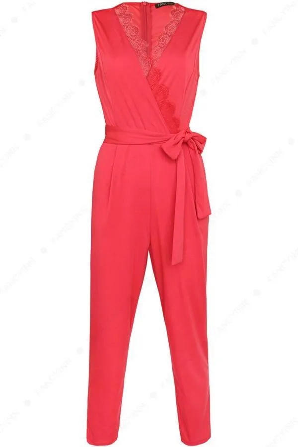 Solid Color V Necck Belt Jumpsuit