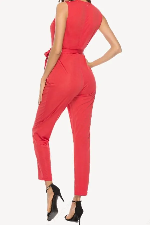 Solid Color V Necck Belt Jumpsuit