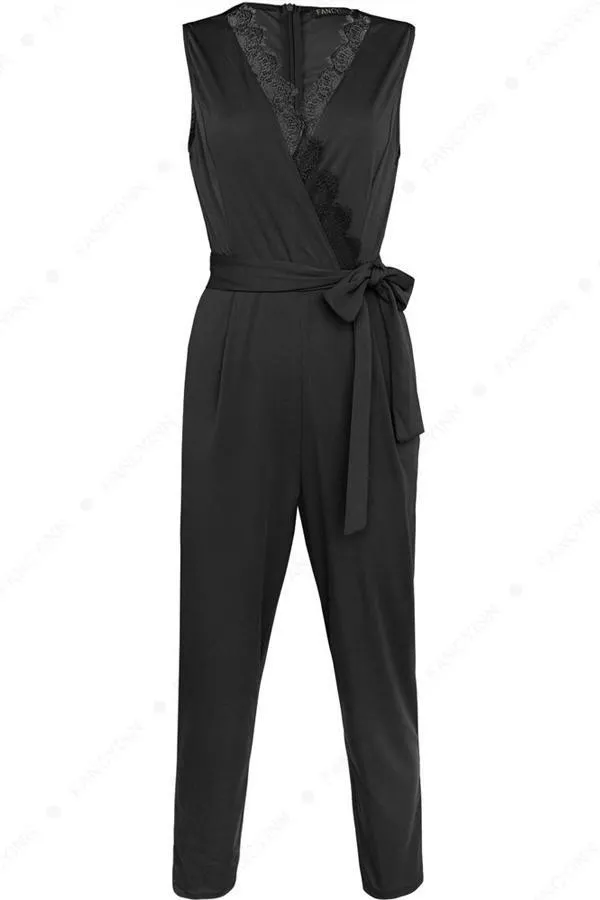 Solid Color V Necck Belt Jumpsuit