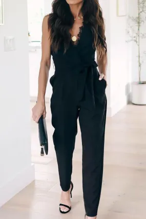 Solid Color V Necck Belt Jumpsuit