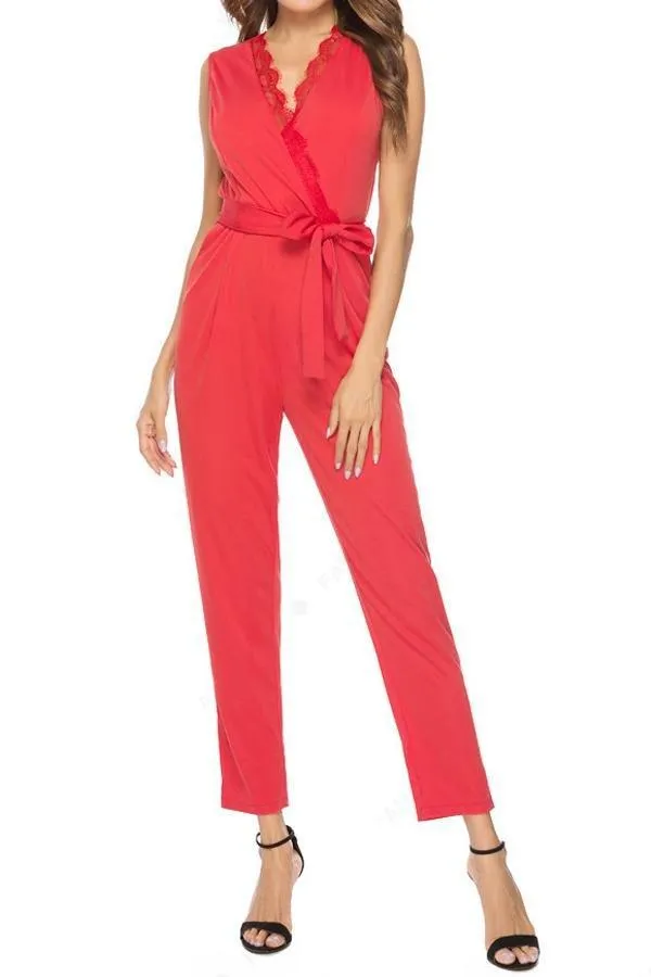 Solid Color V Necck Belt Jumpsuit