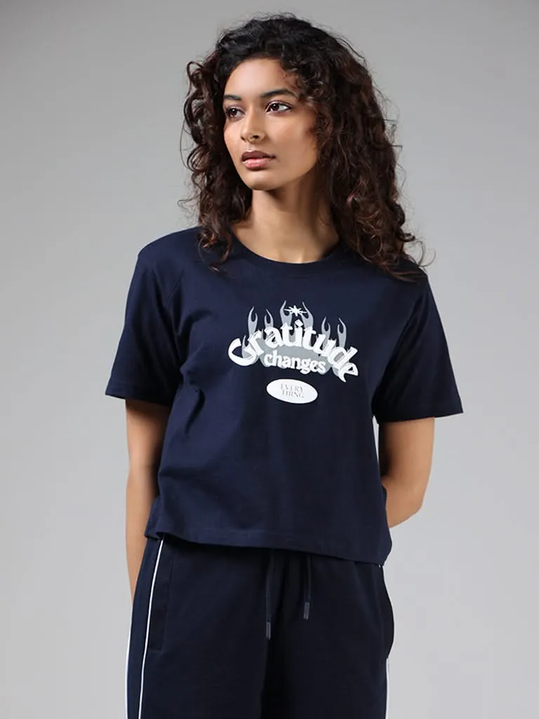 Studiofit Navy Blue Typographic Printed Cotton T-Shirt