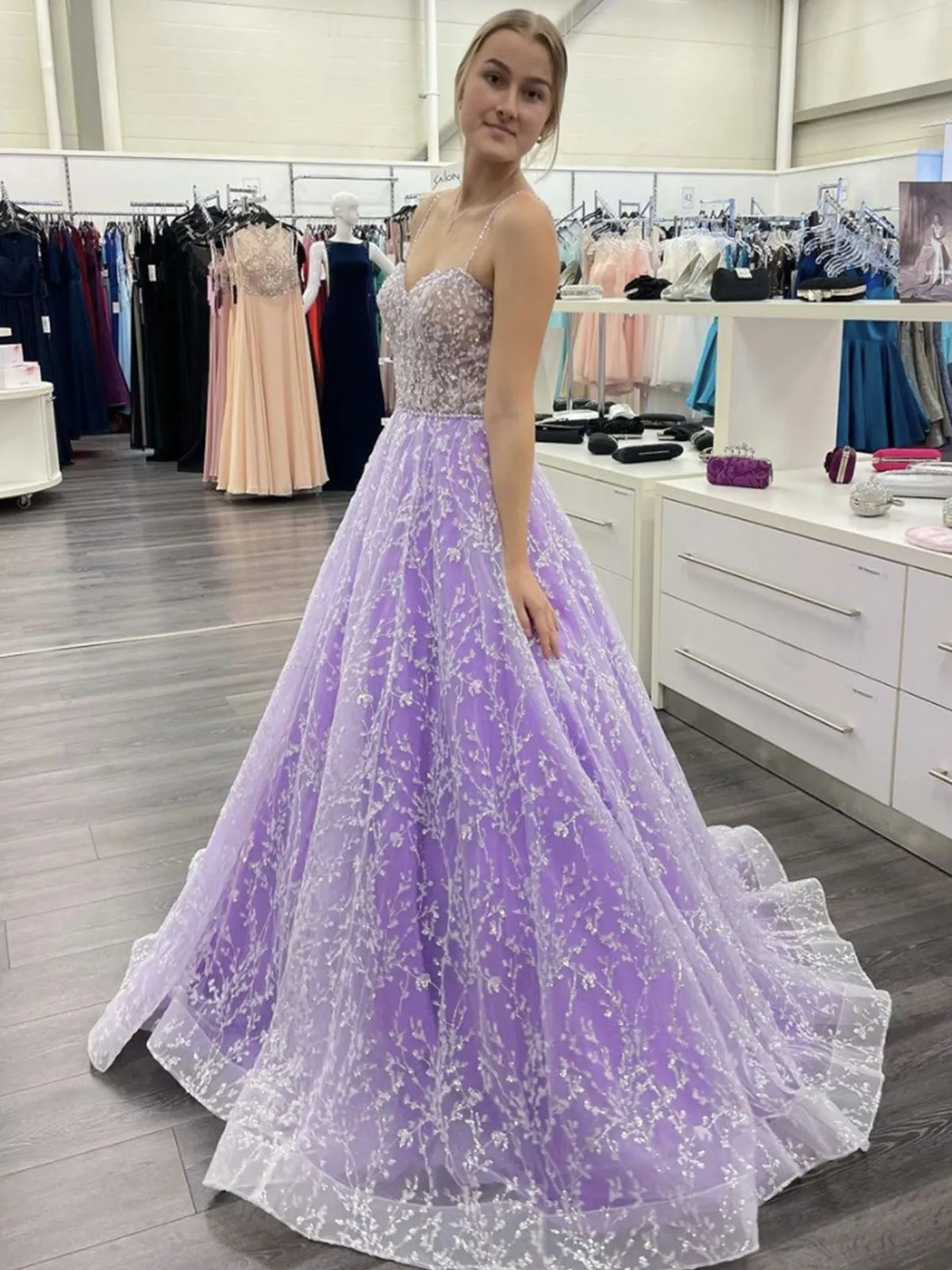 Sweetheart Neck Open Back Purple Lace Long Prom Dresses, Purple Lace Formal Dresses, Purple Evening Dresses