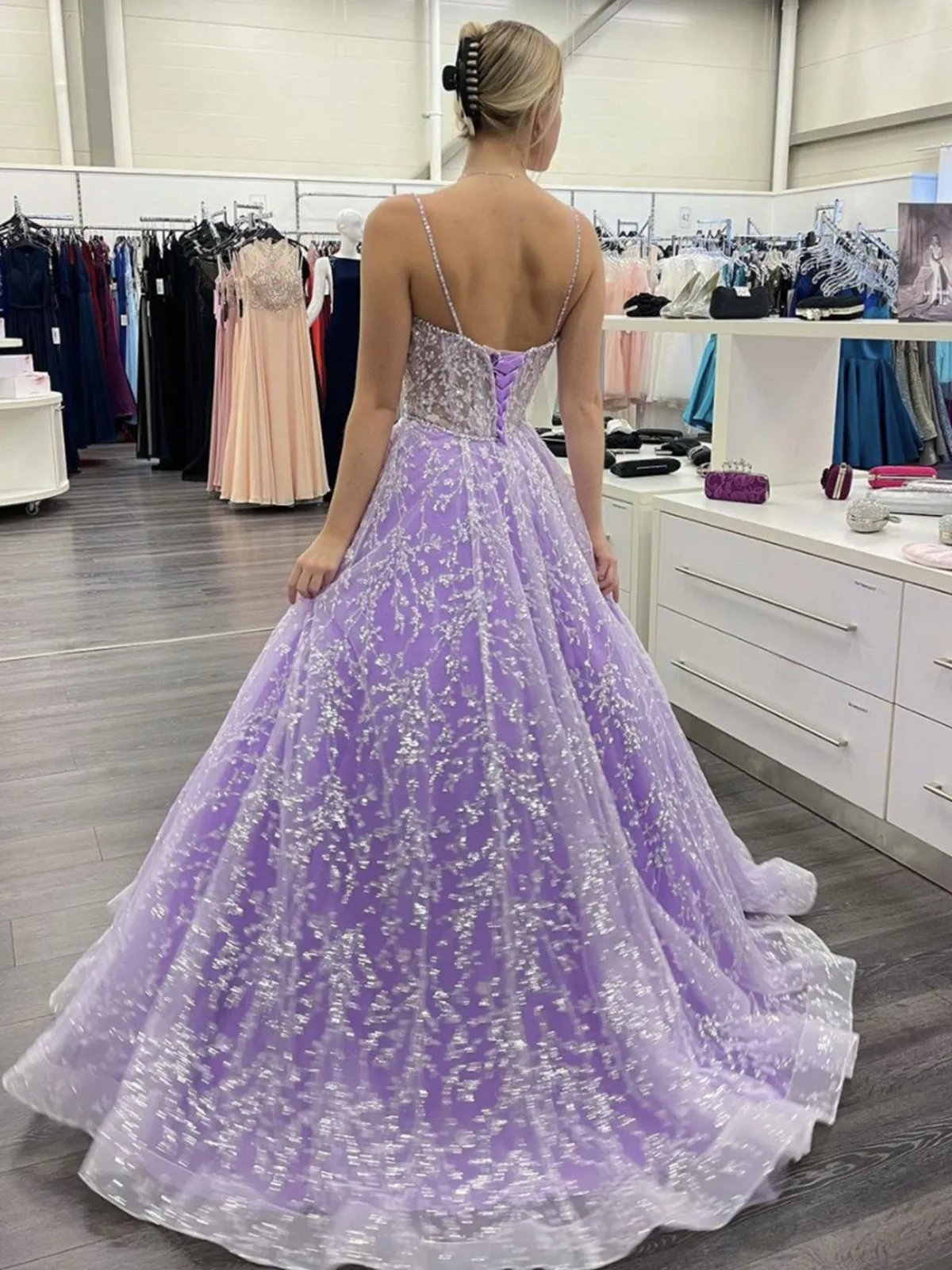 Sweetheart Neck Open Back Purple Lace Long Prom Dresses, Purple Lace Formal Dresses, Purple Evening Dresses