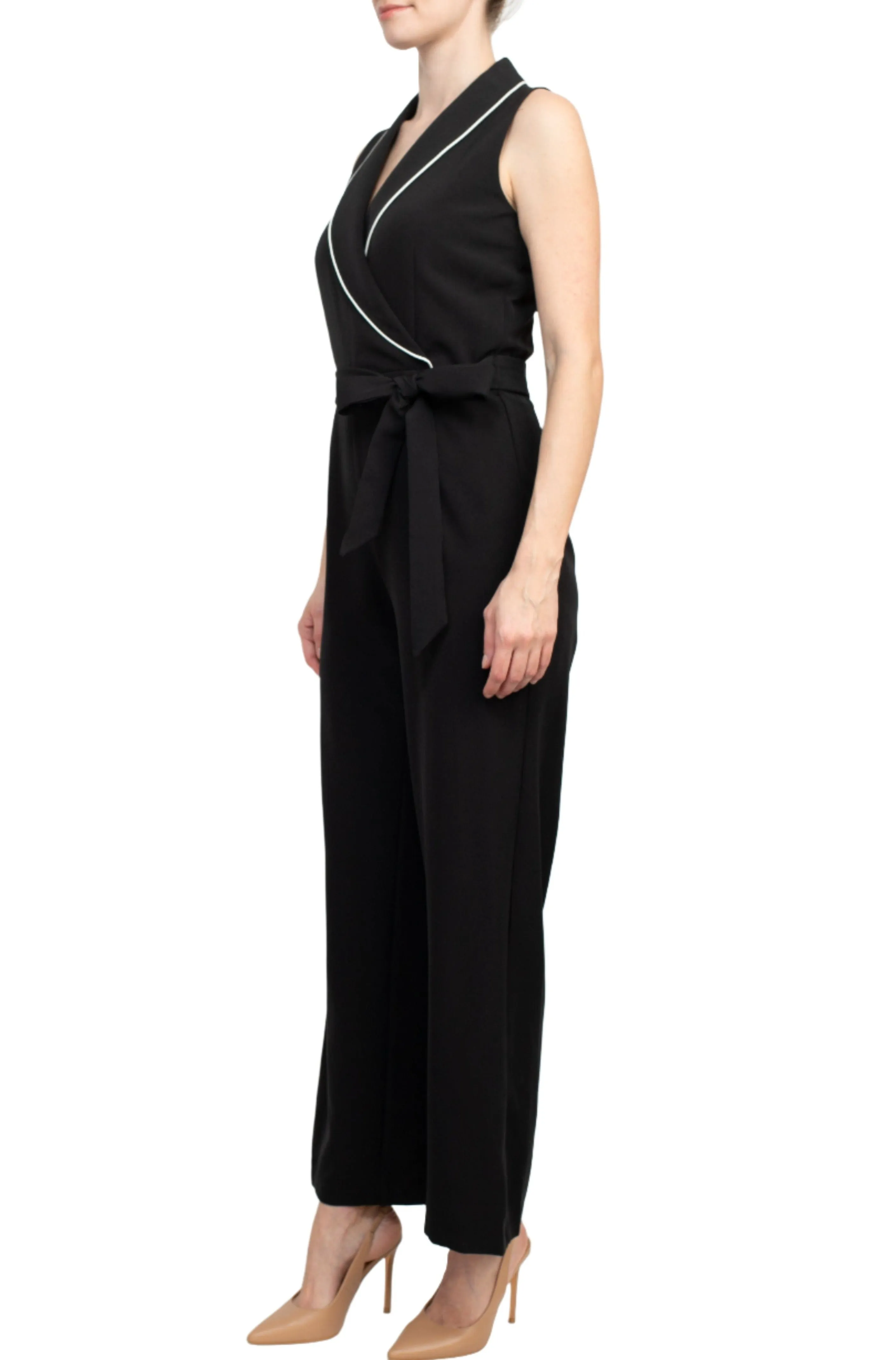 Tahari Lapel Collar V-Neck Sleeveless Piping Detail Tie Waist Scuba Jumpsuit