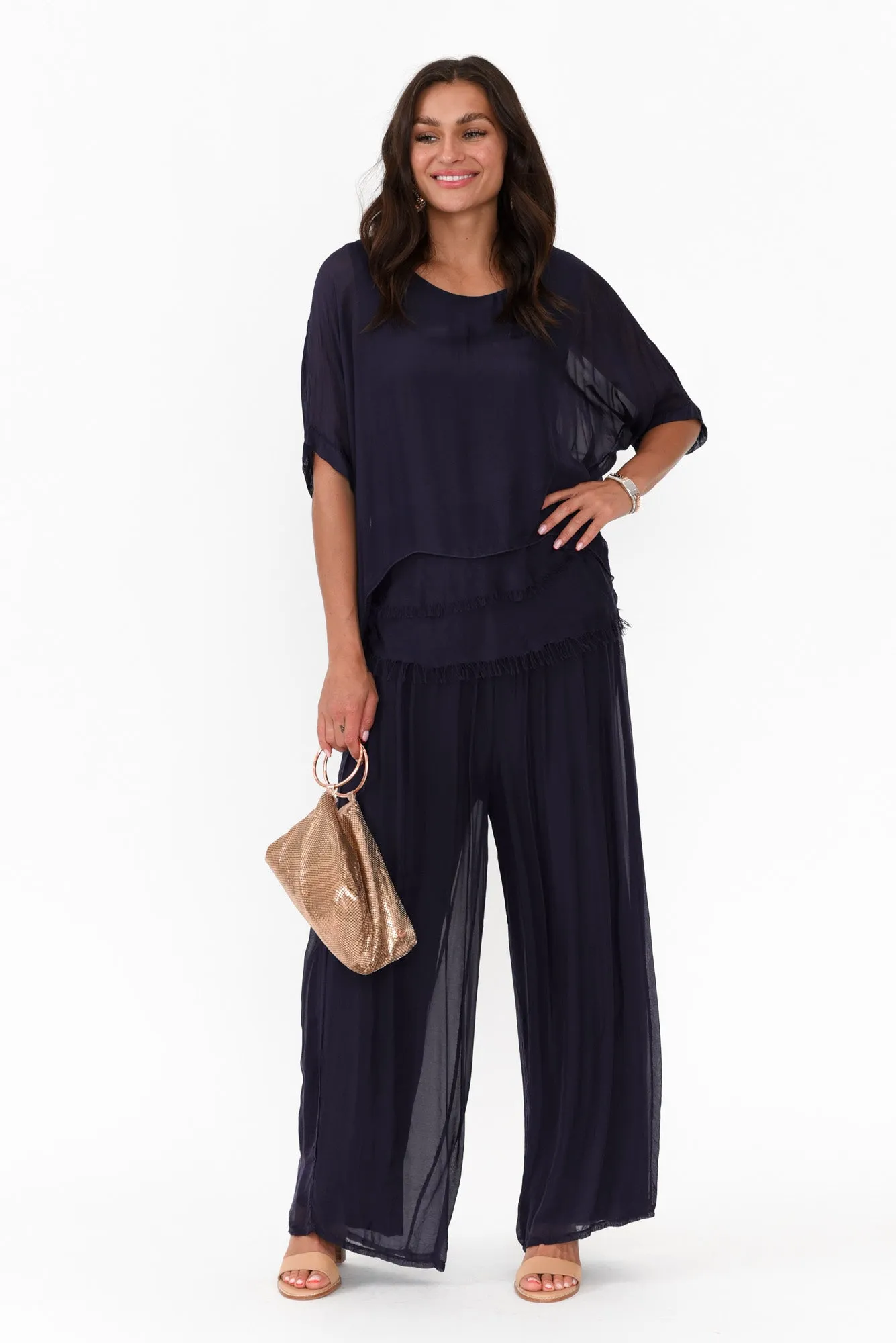 Talia Navy Silk Layer Top