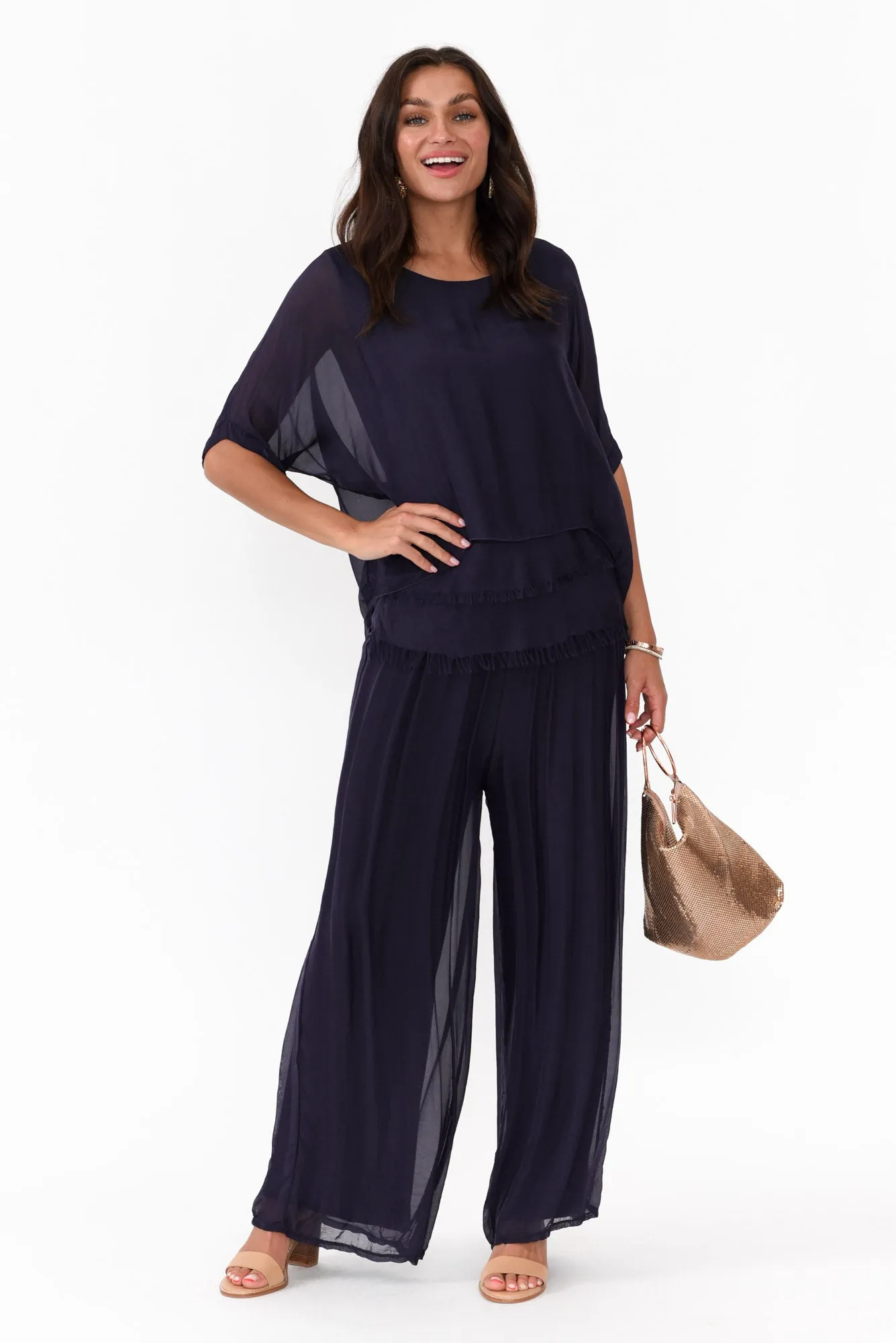 Talia Navy Silk Layer Top