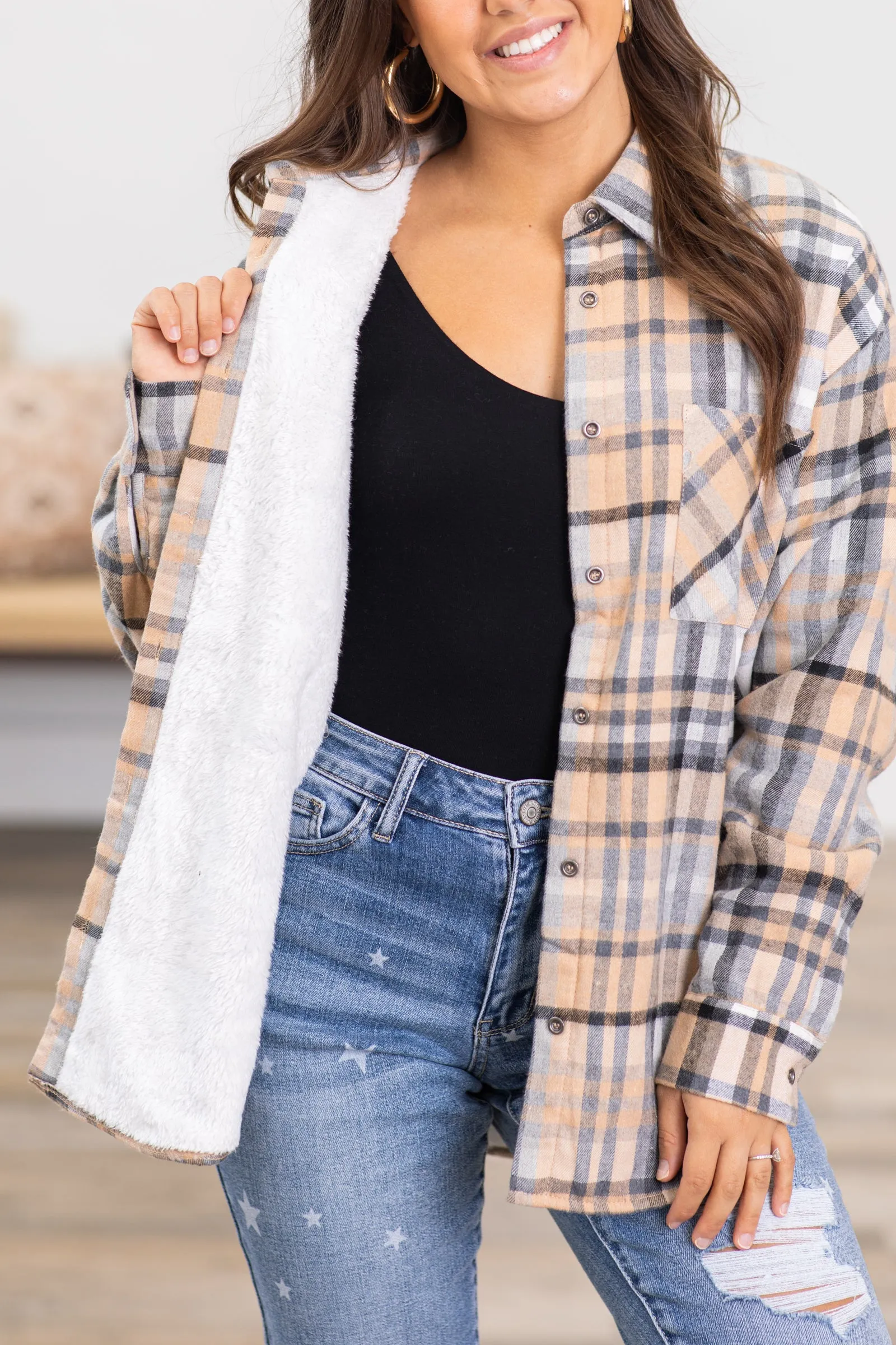 Tan and Navy Plaid Faux fur Lined Shacket