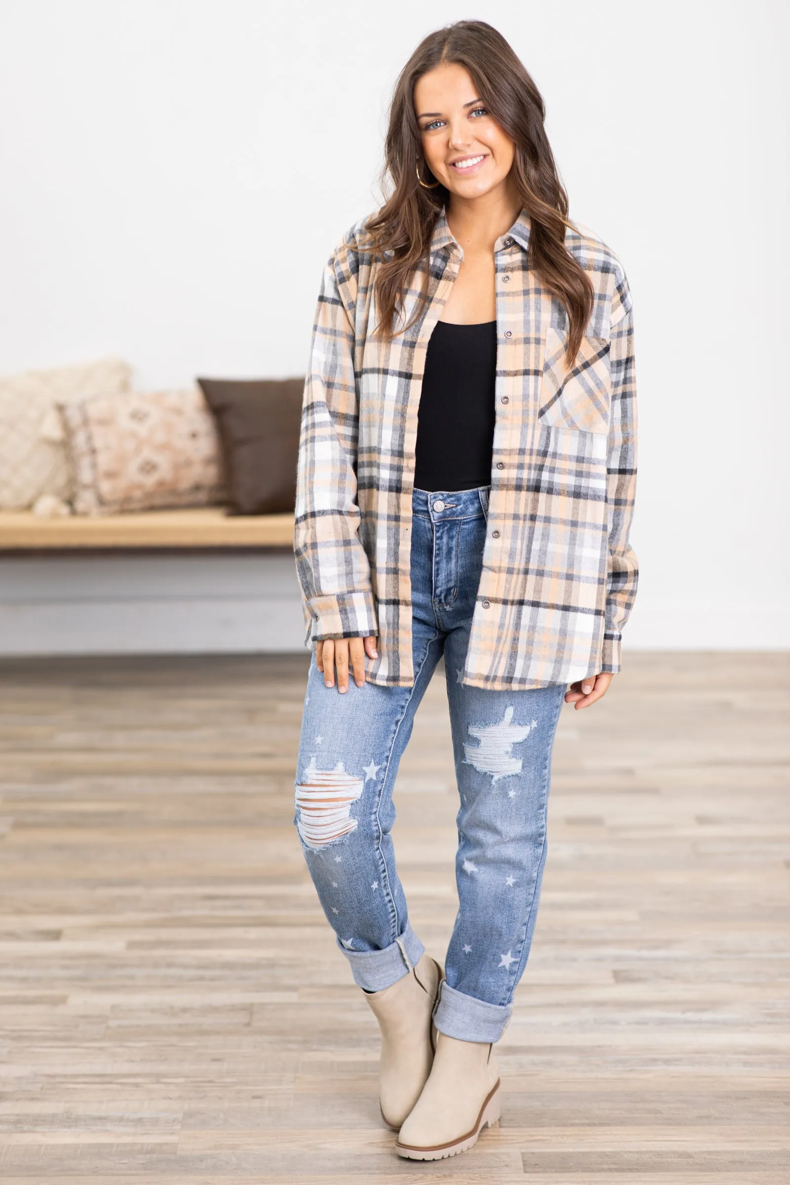 Tan and Navy Plaid Faux fur Lined Shacket