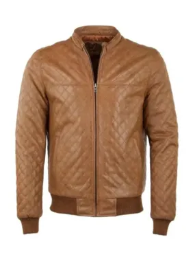 Tan Brown Bomber Quilted Leather Jacket