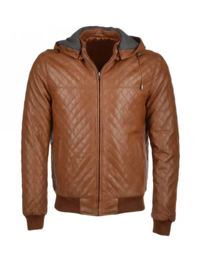 Tan Brown Bomber Style Quilted Leather Jacket