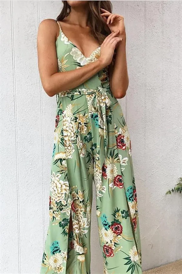 V Neck Floral Slit Jumpsuit