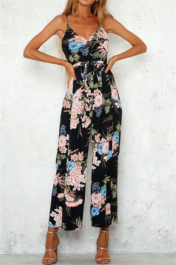 V Neck Floral Slit Jumpsuit