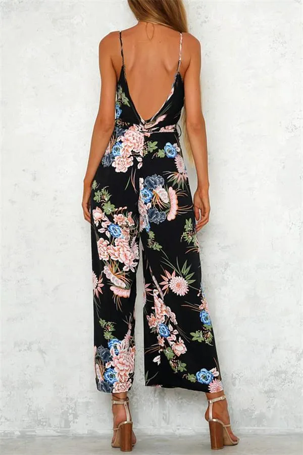 V Neck Floral Slit Jumpsuit