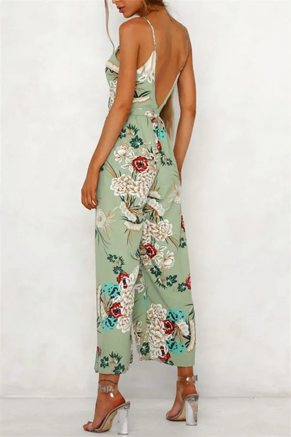 V Neck Floral Slit Jumpsuit