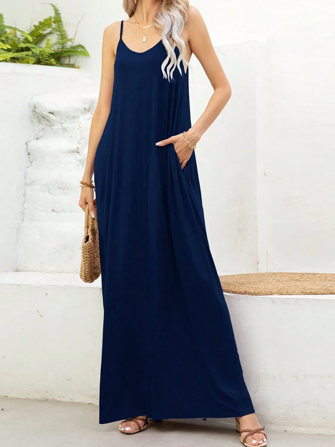 V-Neck Maxi Cami Beach Dress with Pockets