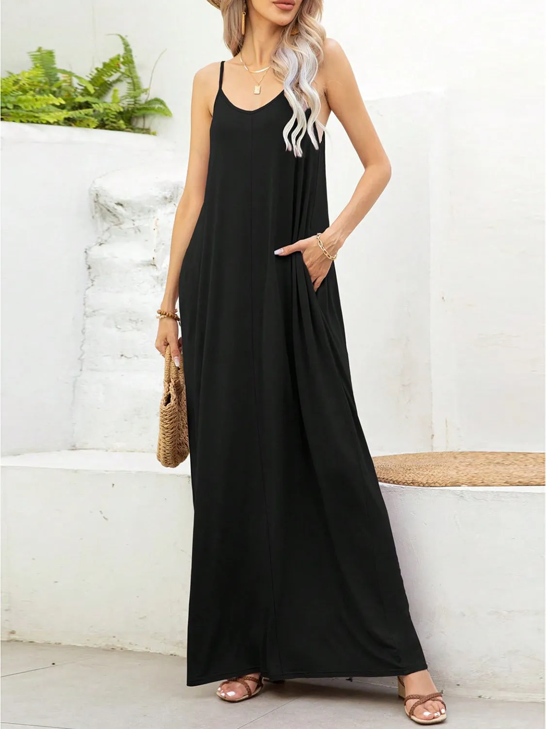 V-Neck Maxi Cami Beach Dress with Pockets