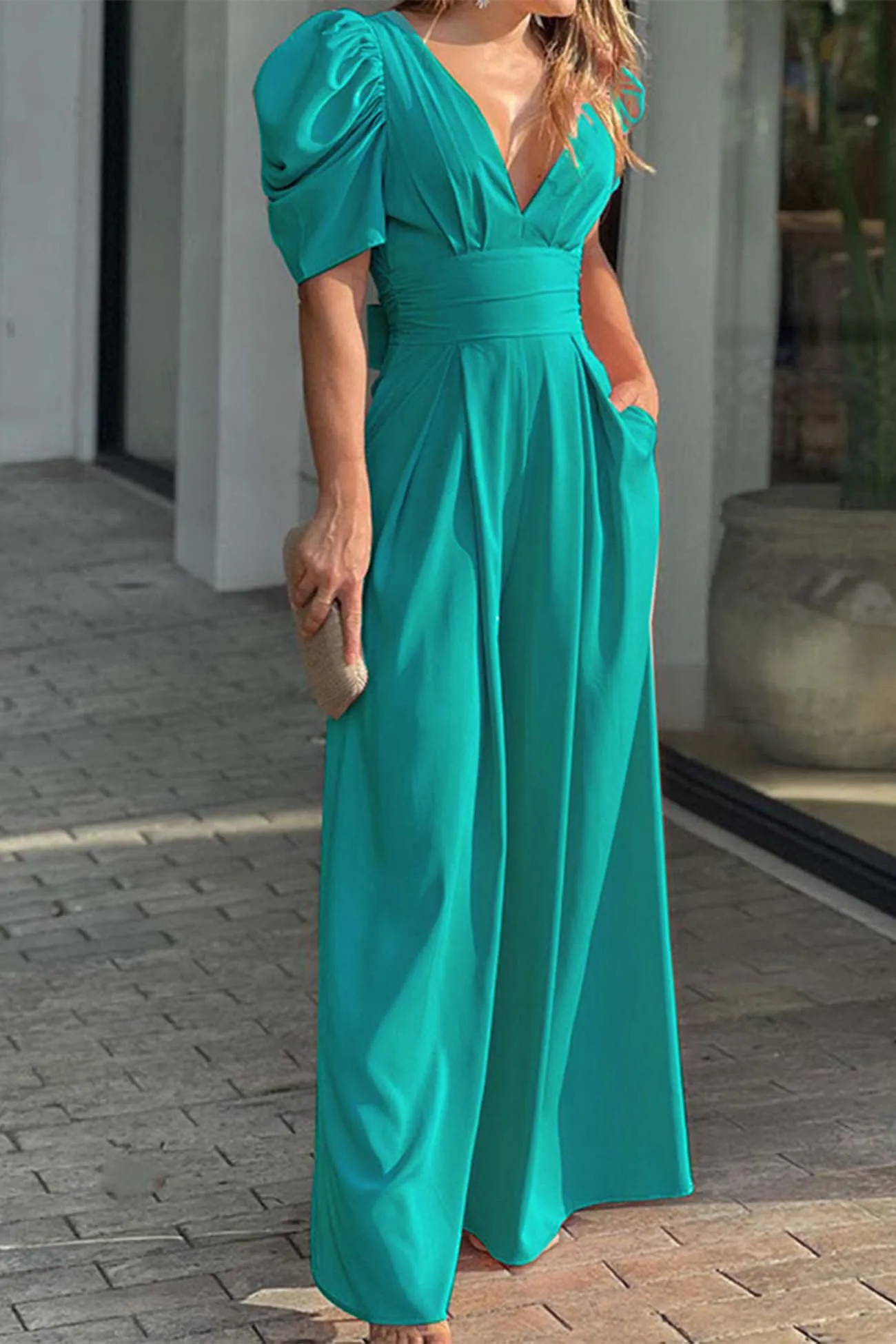 V Neck Puff Sleeve Backless Bow Wide Leg Jumpsuit