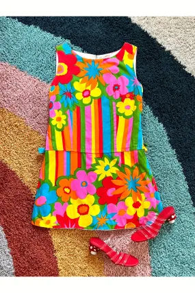 Vintage 60s RARE Rainbow Flower Power Romper/Mini