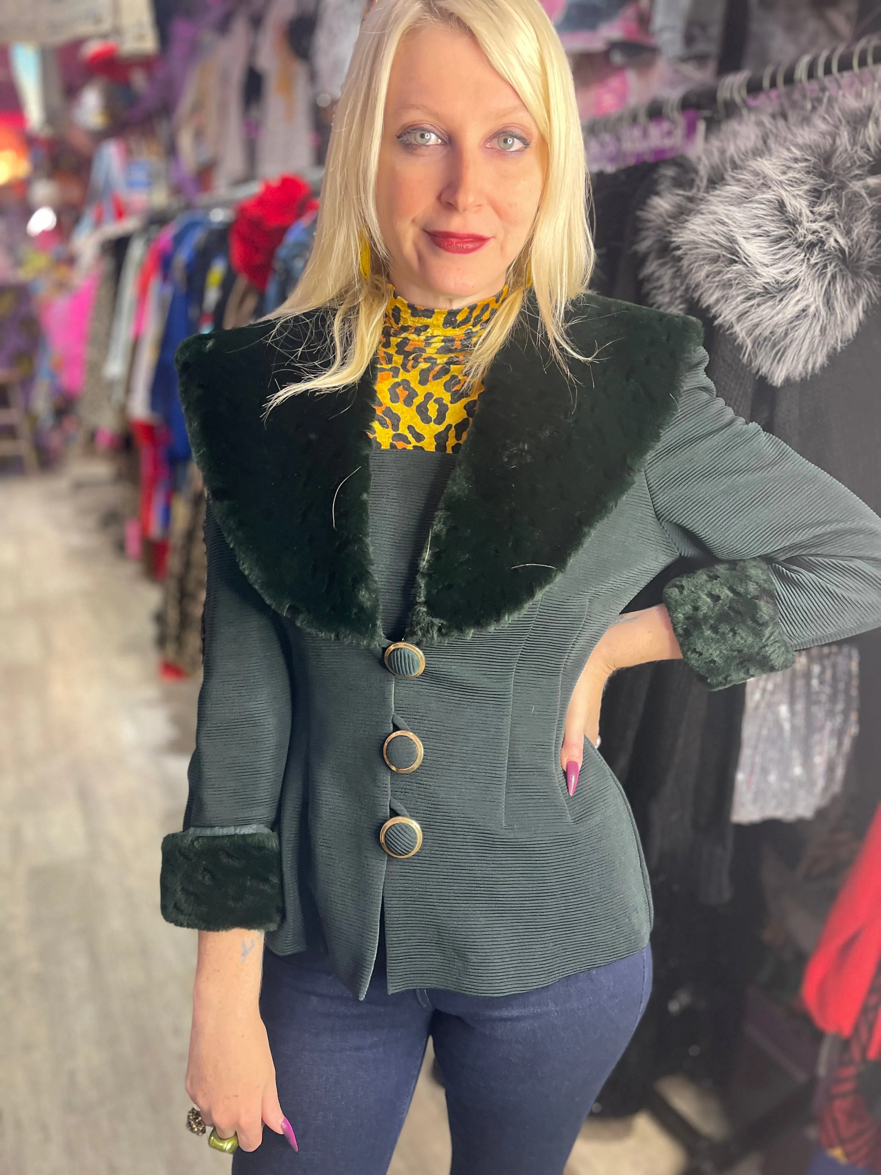 Vintage 90s Green Faux Fur Peplum Fitted Jacket