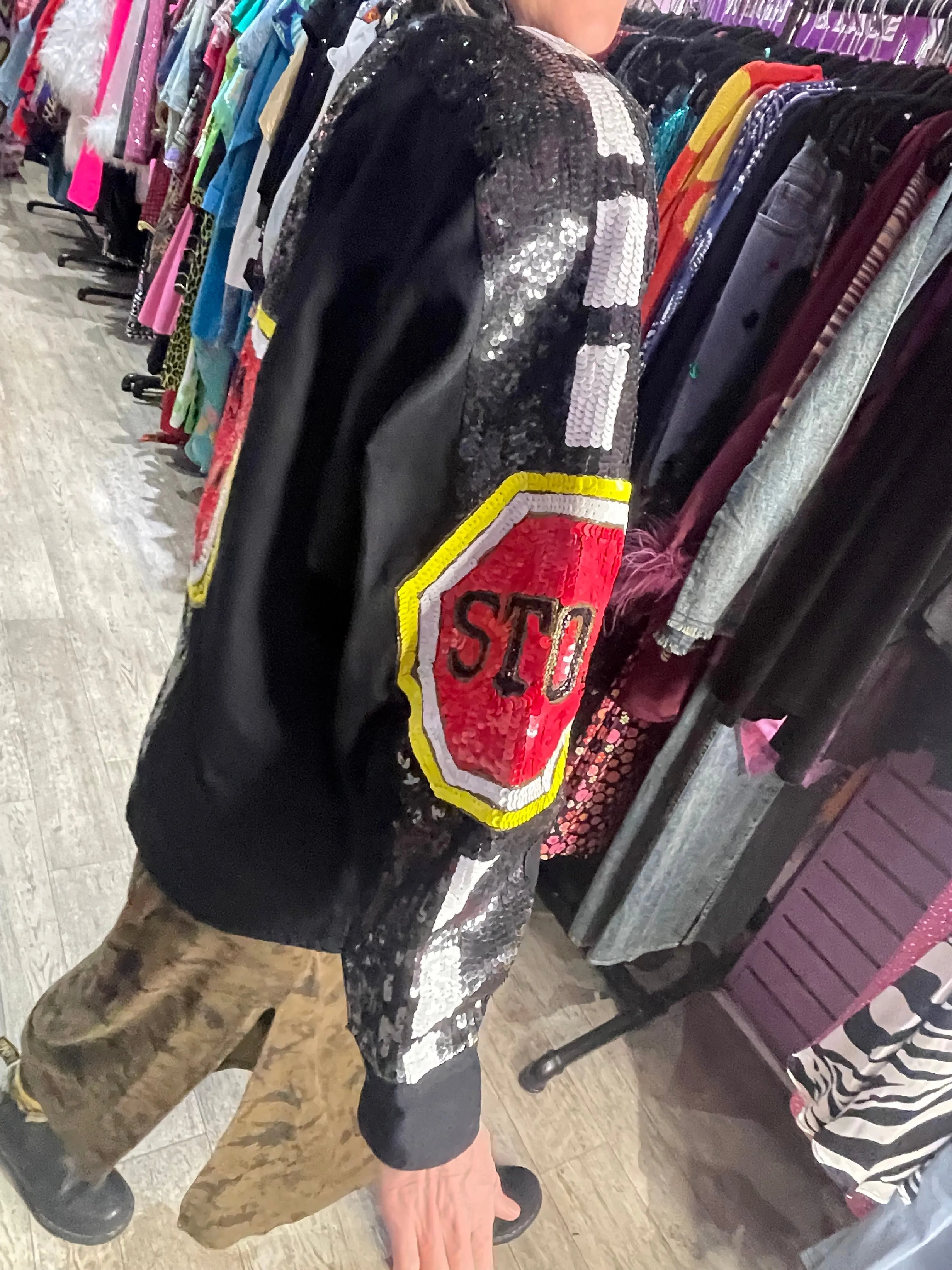 Vintage 90s Sequin Stop Sign Bomber Jacket