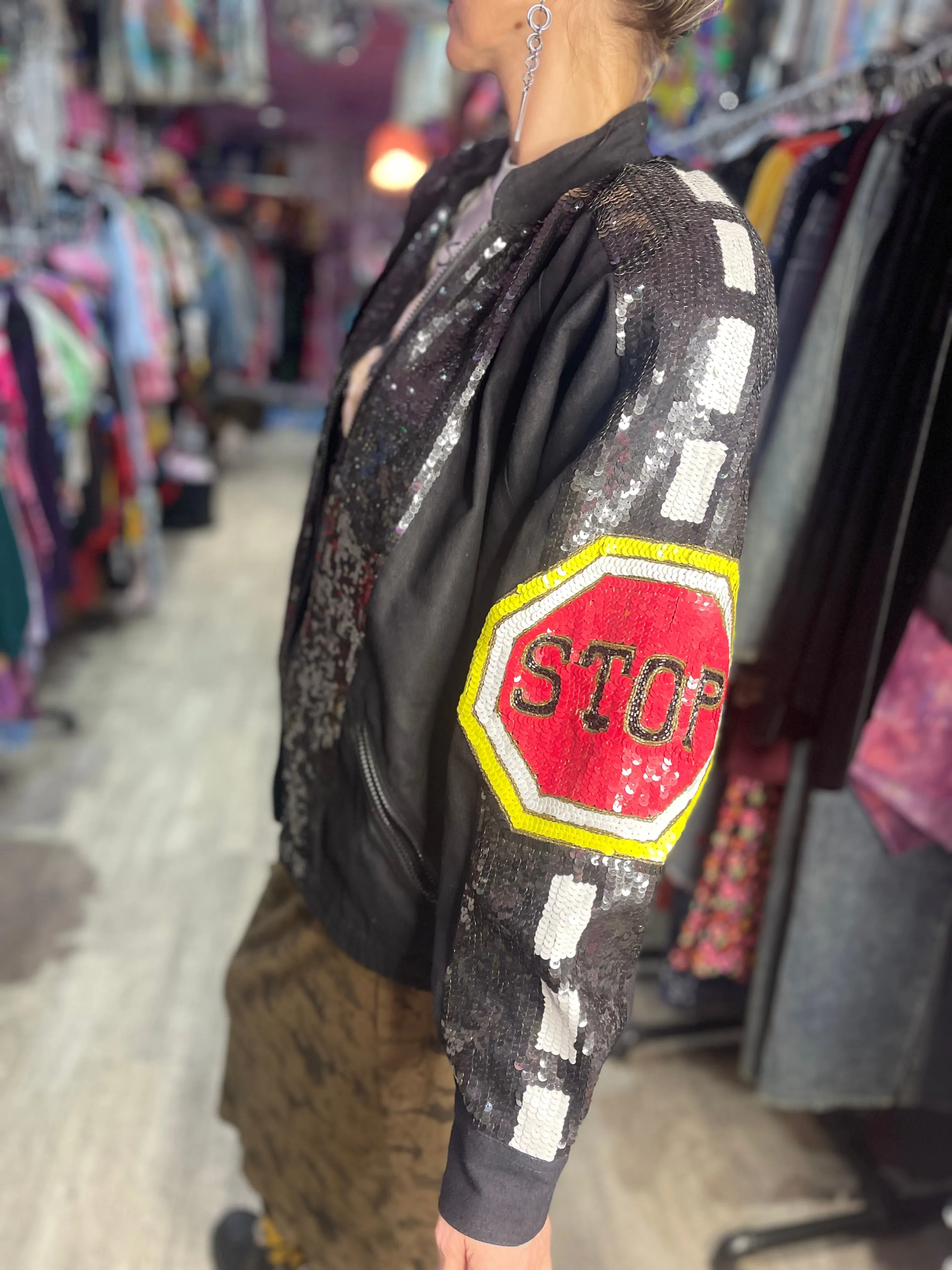 Vintage 90s Sequin Stop Sign Bomber Jacket