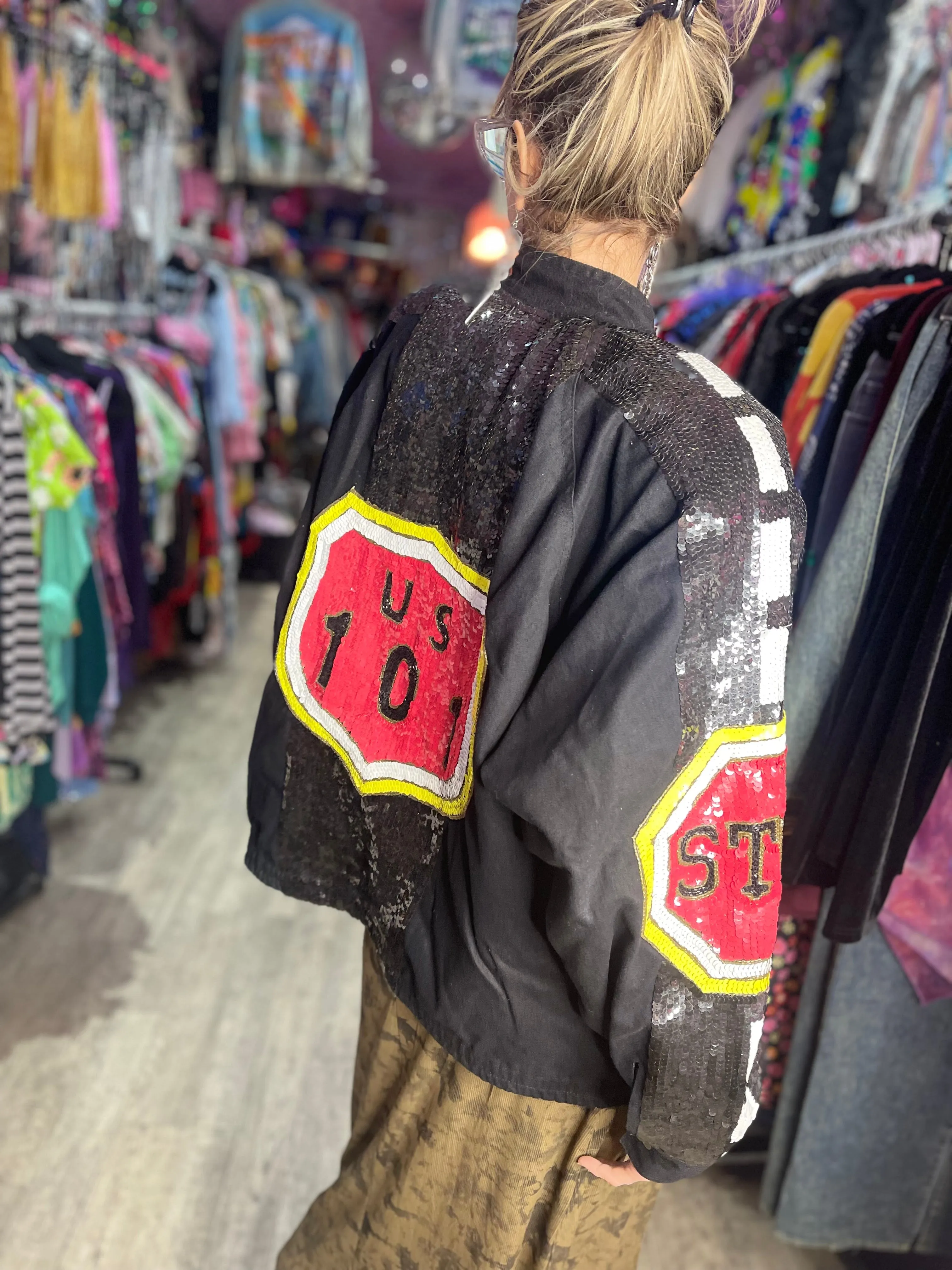 Vintage 90s Sequin Stop Sign Bomber Jacket